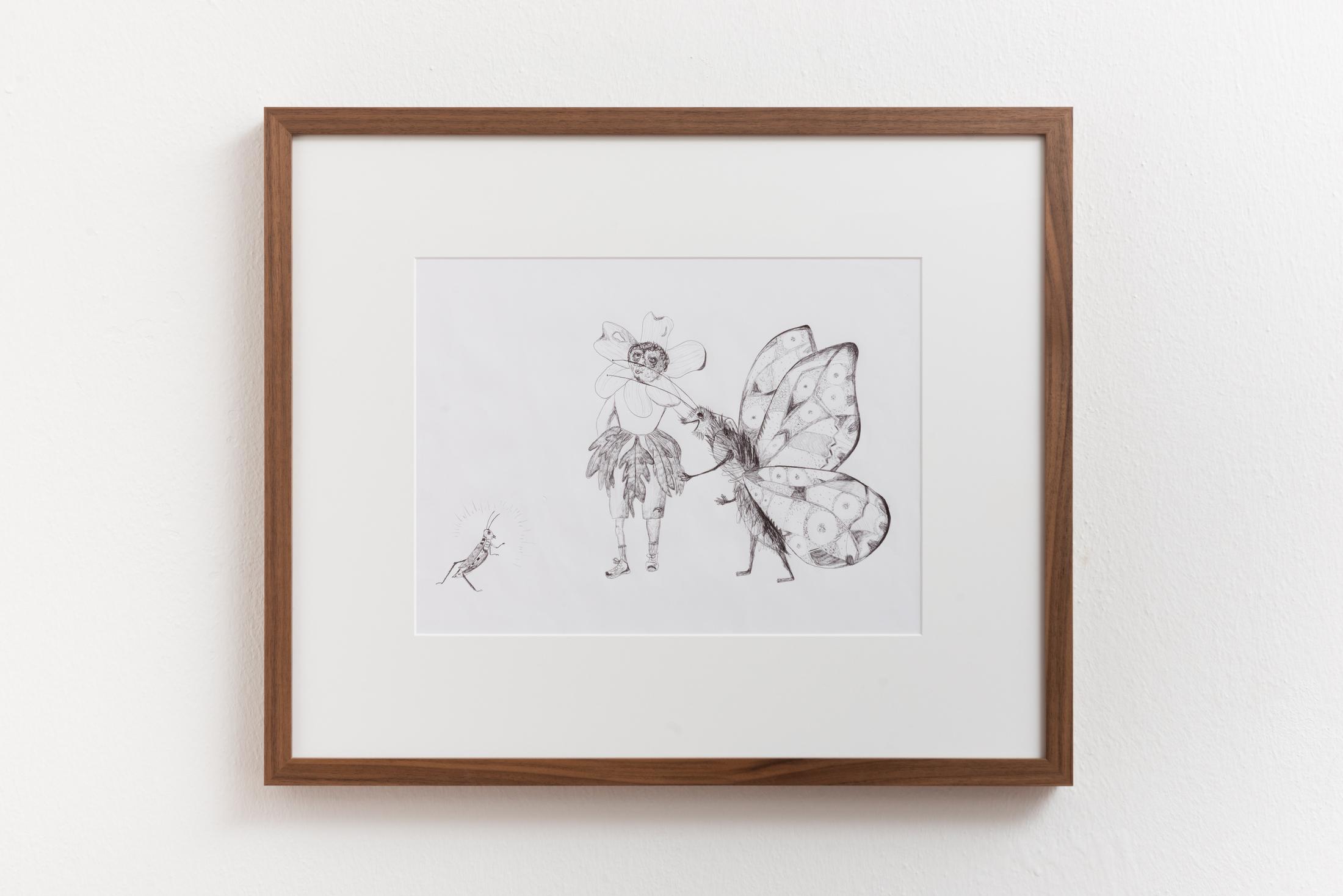 Exhibition View Group Show «SBANDARE; view on Noemi Pfister, L’ Annunciazione, 2021, Ballpoint pen on paper, 29,7 x 42 cm» at Sonnenstube, Lugano, 2023 / Photo: Mattia Angelini / Courtesy: the artist and Sonnenstube