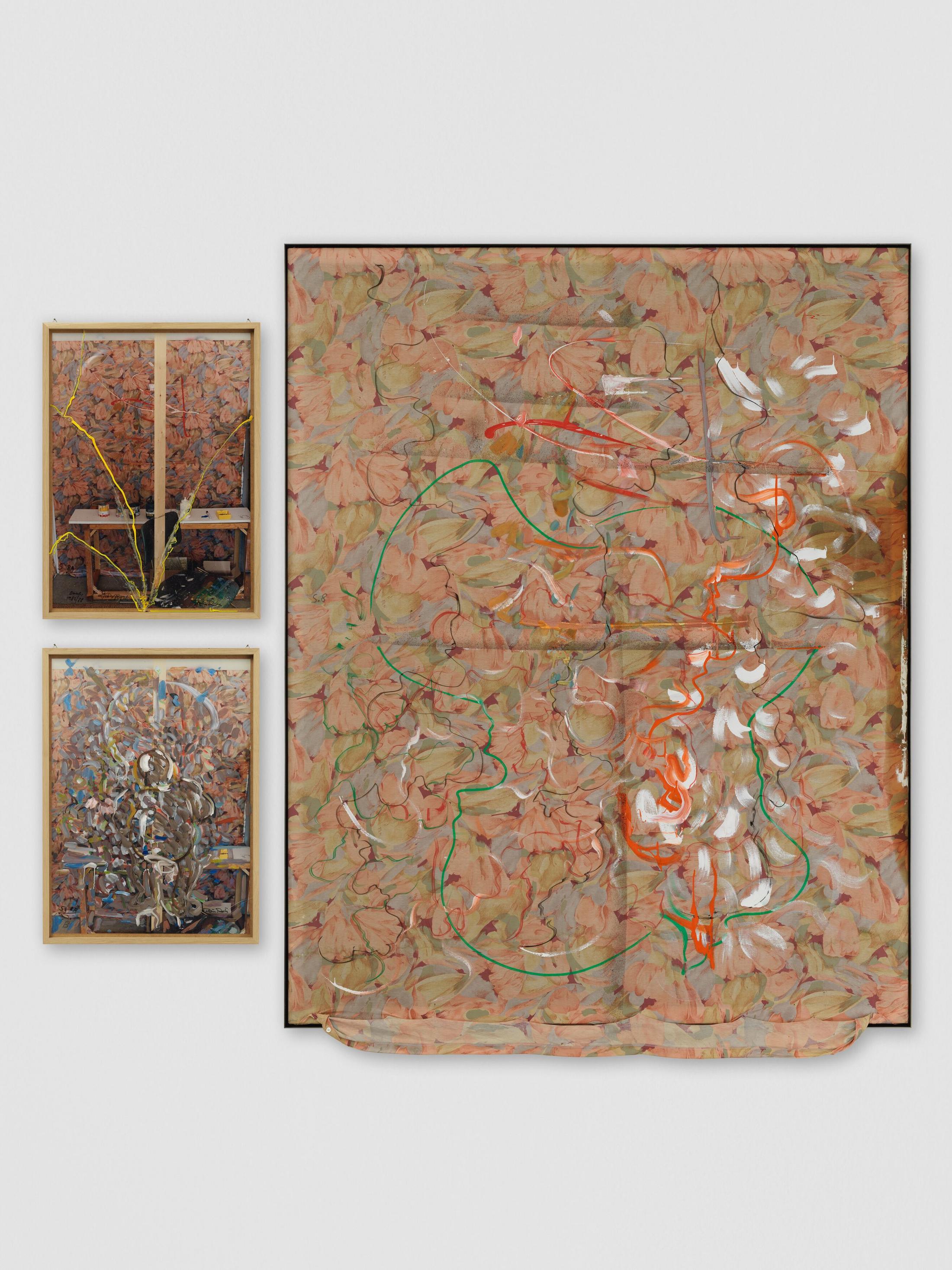 Exhibition View Groupshow «Seeing Touch; view on Dieter Roth, Back Cloth (with Björn Roth), 1986/1989, 3 parts: Acrylic paint, glue on printed cloth (duvet cover), mounted on stretcher; Color photography, in broken and glued glass; Oil paint, acrylic paint, spray paint and markers to color photography, behind painted with acrylic paint, glass, 200.8 x 160.5 cm / 71.7 x 51.8 cm / 71.7 x 51.5 cm» at Hauser & Wirth, St. Moritz, 2020 / © Dieter Roth Estate / Courtesy: the Dieter Roth Estate and Hauser & Wirth