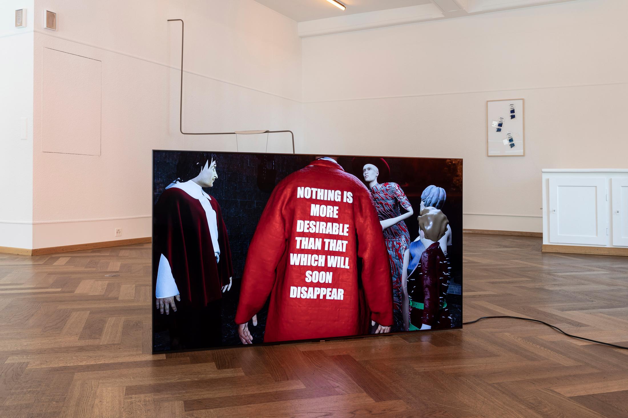 Exhibition View Groupshow «Seemingly Incurable Sensation of Temporal Ambiguity; view on Left to right: Isabelle Richner, Real Madrid, Elin Gonzalez & Callum Ross (front video)» at KRONE COURONNE, Biel/Bienne, 2021 / Photo: © Michal Florence Schorro / Courtesy: the artists and KRONE COURONNE