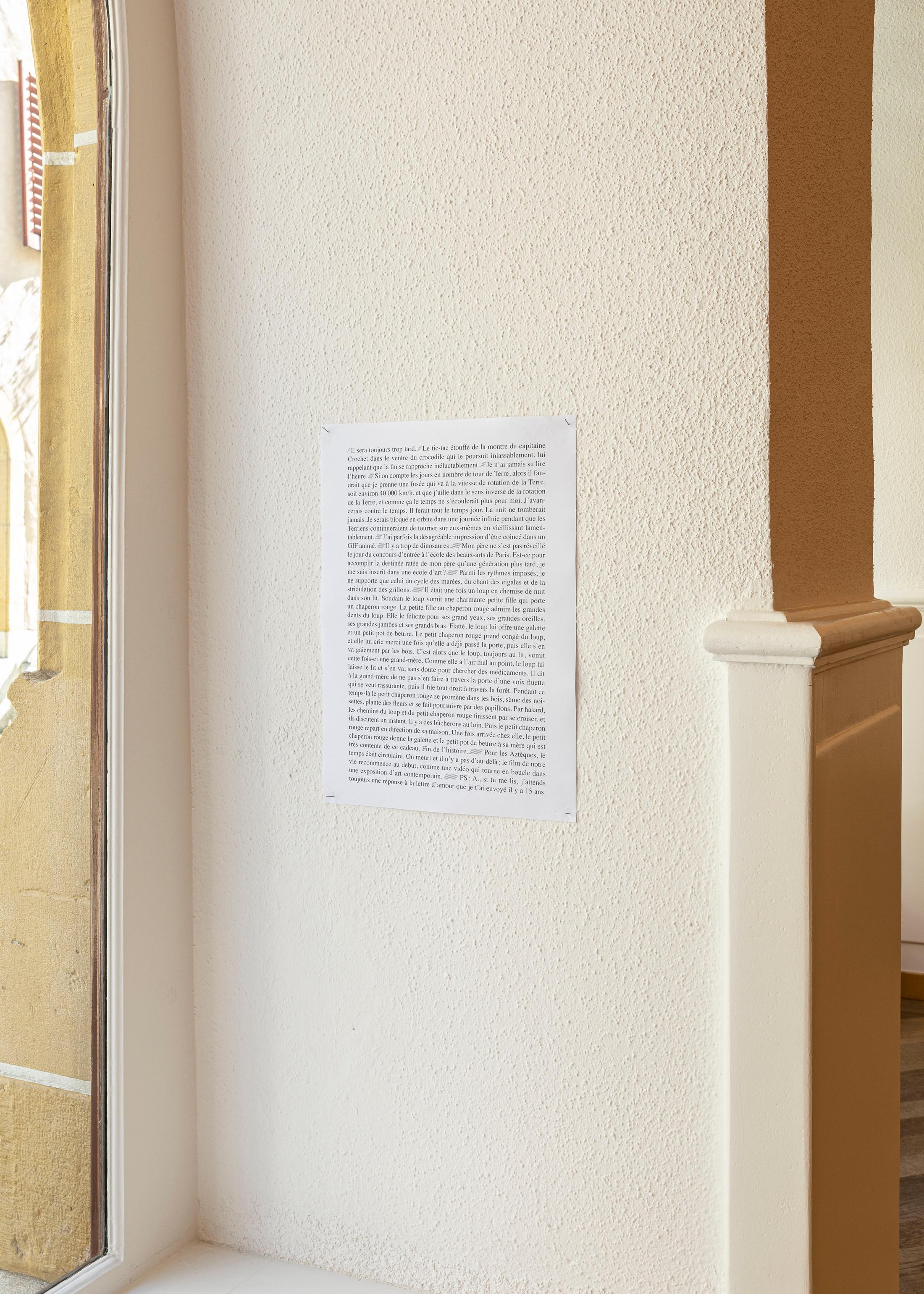 Exhibition View Groupshow «Seemingly Incurable Sensation of Temporal Ambiguity; view on Colin Raynal (text)» at KRONE COURONNE, Biel/Bienne, 2021 / Photo: © Michal Florence Schorro / Courtesy: the artists and KRONE COURONNE