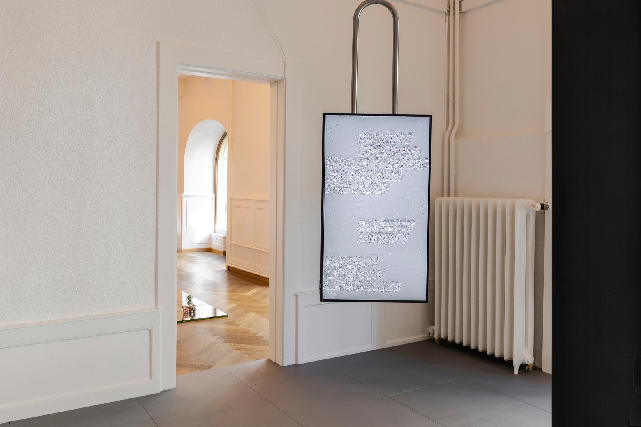 Exhibition View Groupshow «Seemingly Incurable Sensation of Temporal Ambiguity; view on Lithic Alliance» at KRONE COURONNE, Biel/Bienne, 2021 / Photo: © Michal Florence Schorro / Courtesy: the artists and KRONE COURONNE