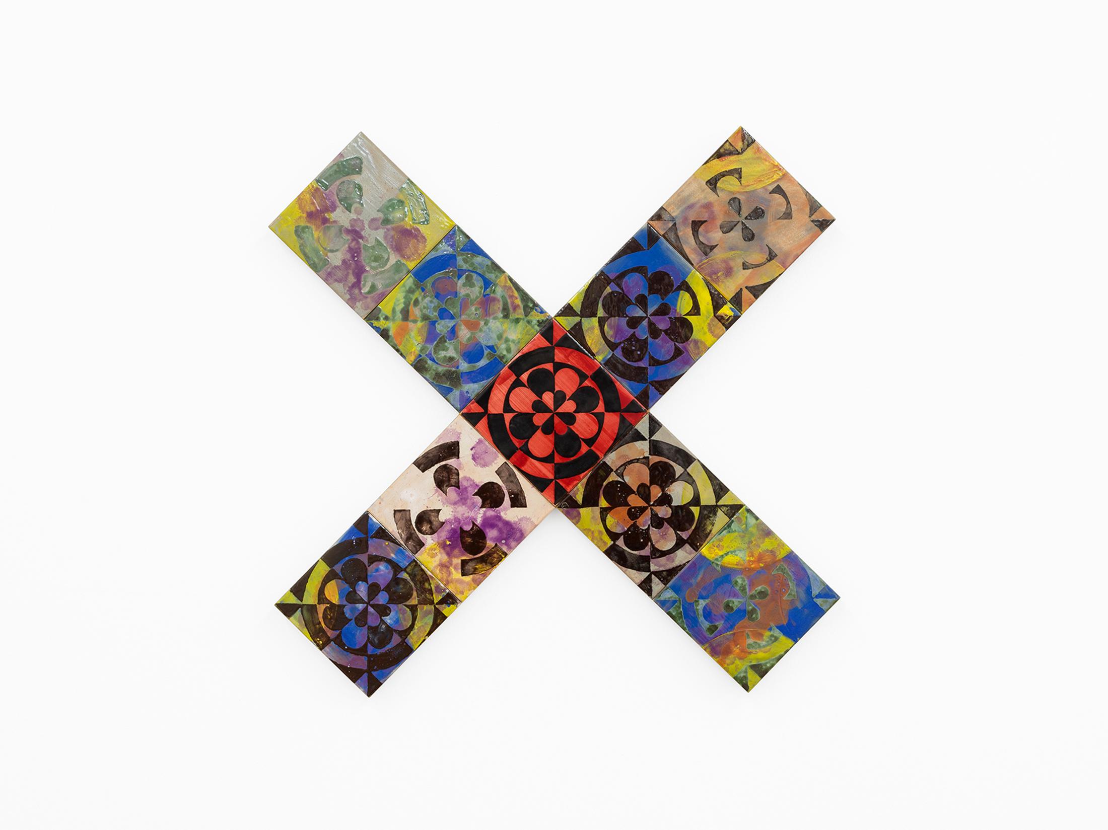 Exhibition View Séverine Heizmann Solo Show «jittering at dusk; view on Séverine Heizmann, Wind I, glazed tiles mounted on wood, 60×60cm, 2021» at Kirchgasse, Steckborn, 2021 / Photo: CE / Courtesy: the artist and Kirchgasse Gallery