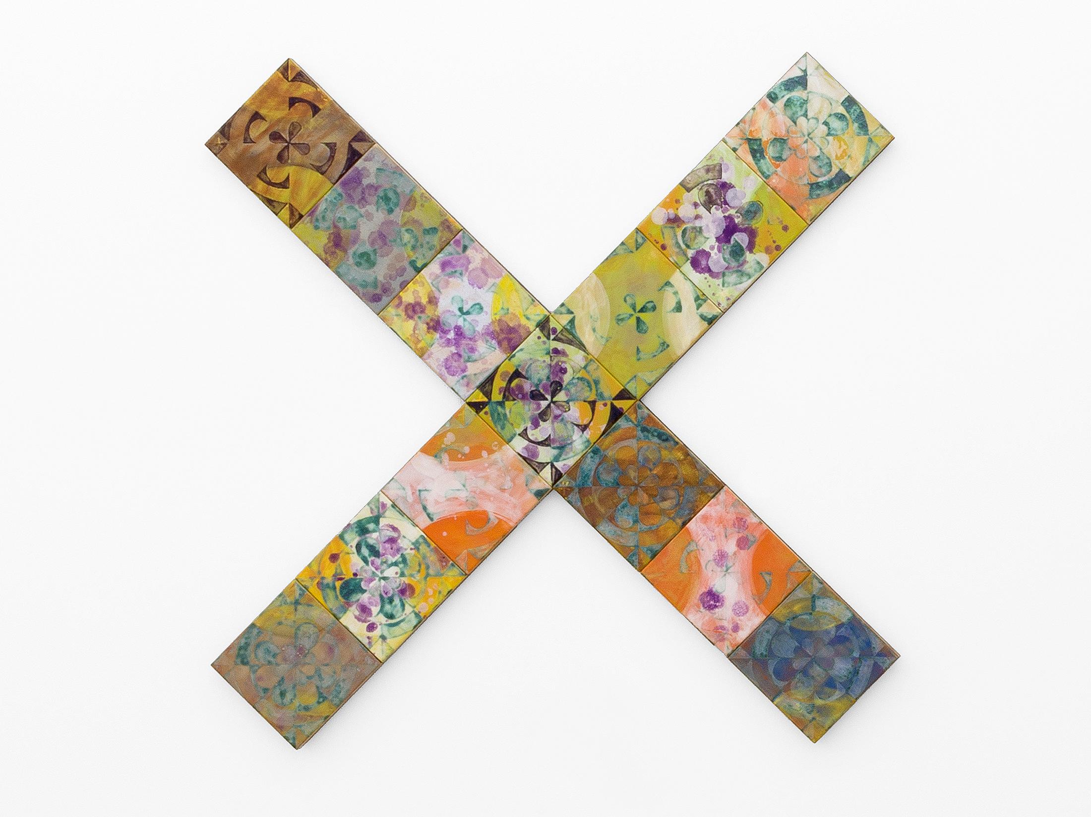 Exhibition View Séverine Heizmann Solo Show «jittering at dusk; view on Séverine Heizmann, Wind III, glazed tiles mounted on wood, 84 × 84 cm, 2021» at Kirchgasse, Steckborn, 2021 / Photo: CE / Courtesy: the artist and Kirchgasse Gallery