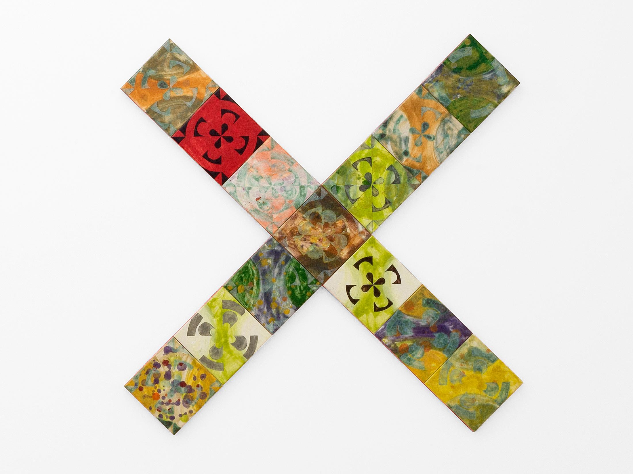 Exhibition View Séverine Heizmann Solo Show «jittering at dusk; view on Séverine Heizmann, Wind II, glazed tiles mounted on wood, 84 × 84 cm, 2021» at Kirchgasse, Steckborn, 2021 / Photo: CE / Courtesy: the artist and Kirchgasse Gallery