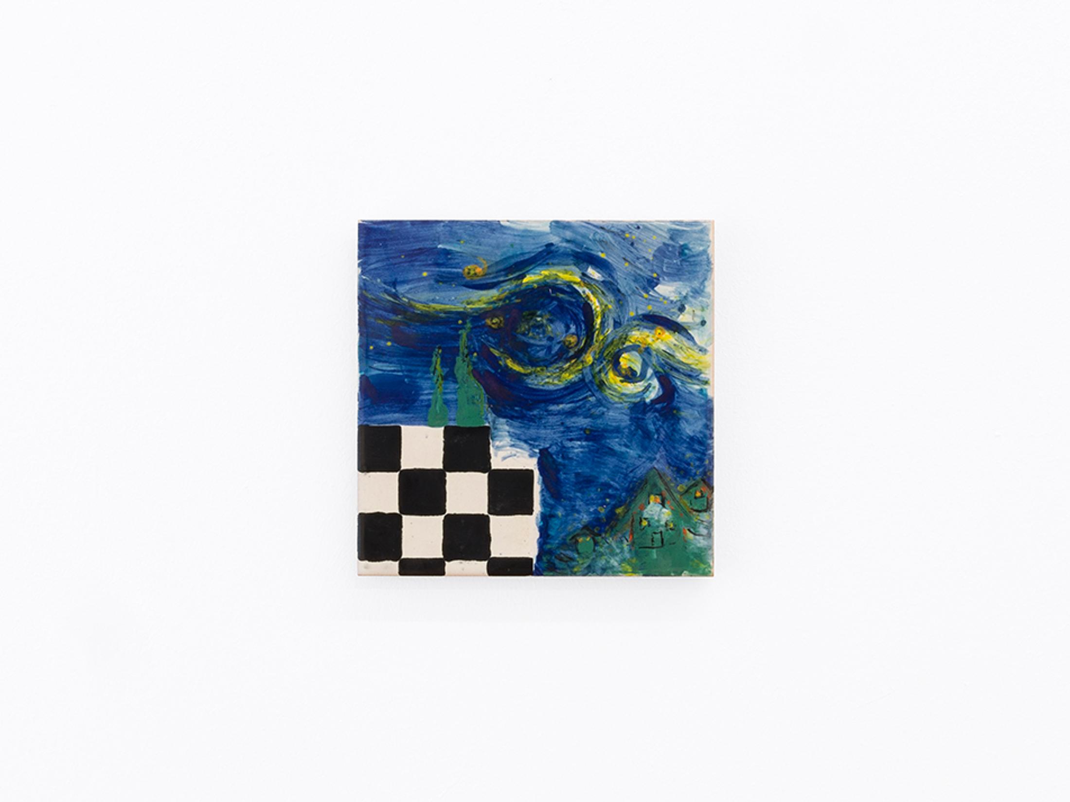 Exhibition View Séverine Heizmann Solo Show «jittering at dusk; view on Séverine Heizmann, Influence (Starry starry night), glazed tile, 14 × 14 cm, 2021» at Kirchgasse, Steckborn, 2021 / Photo: CE / Courtesy: the artist and Kirchgasse Gallery