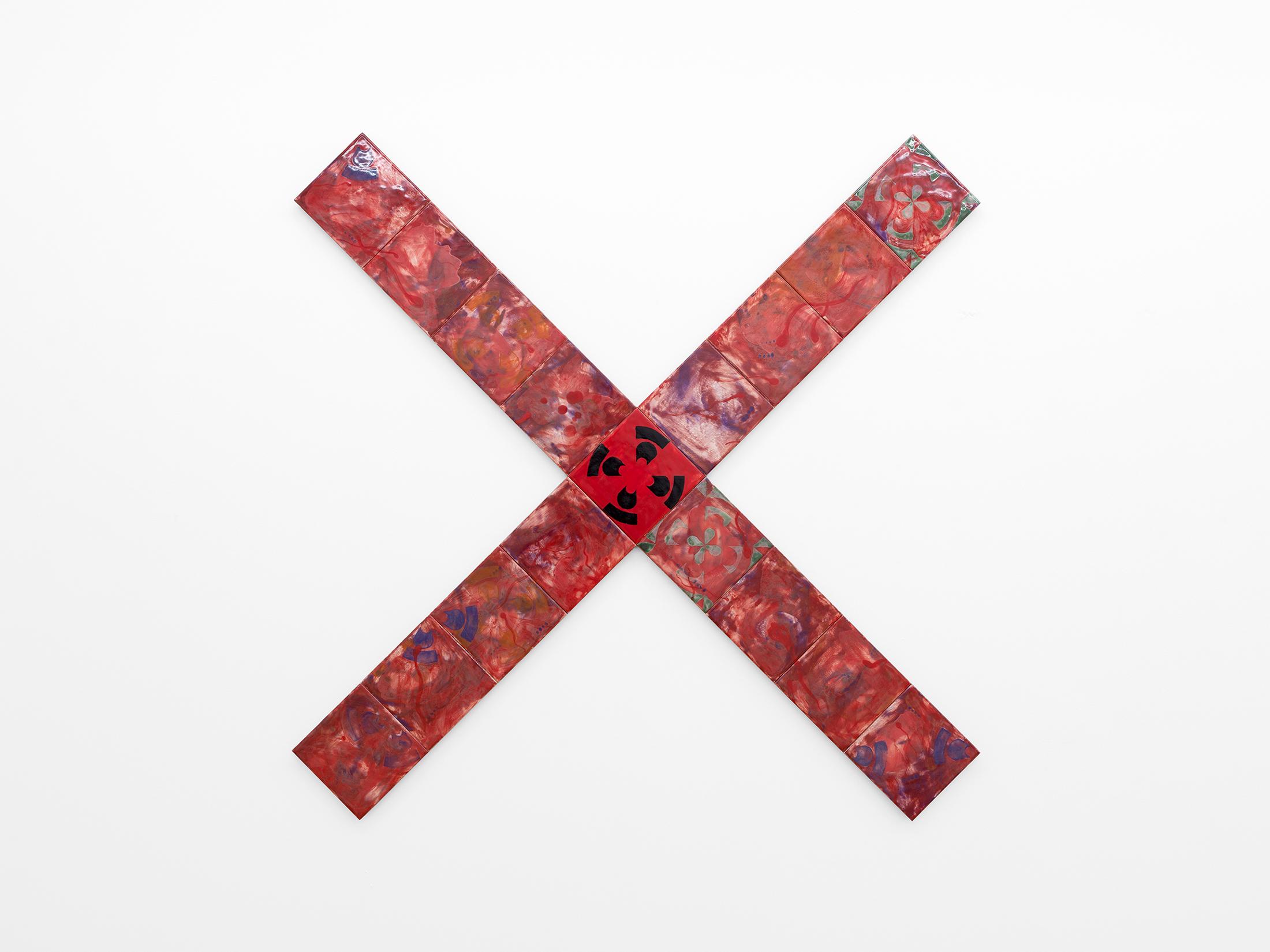 Exhibition View Séverine Heizmann Solo Show «jittering at dusk; view on Séverine Heizmann, Wind V, glazed tiles mounted on wood, 106 × 106 cm, 2021» at Kirchgasse, Steckborn, 2021 / Photo: CE / Courtesy: the artist and Kirchgasse Gallery