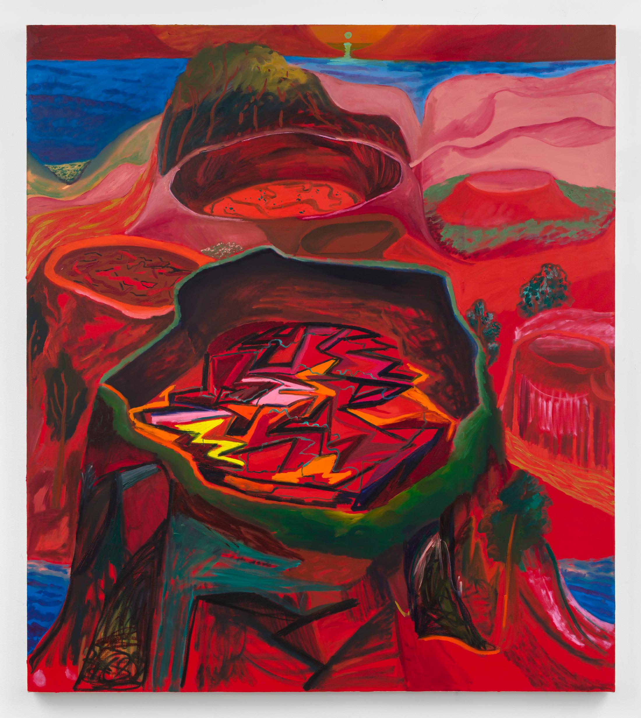 Exhibition View Shara Hughes «Don’t Hold Your Breath / view on Good At Compartmentalizing, 2018» at Galerie Eva Presenhuber, Zurich / Photo: Stefan Altenburger / Courtesy the artist and Galerie Eva Presenhuber