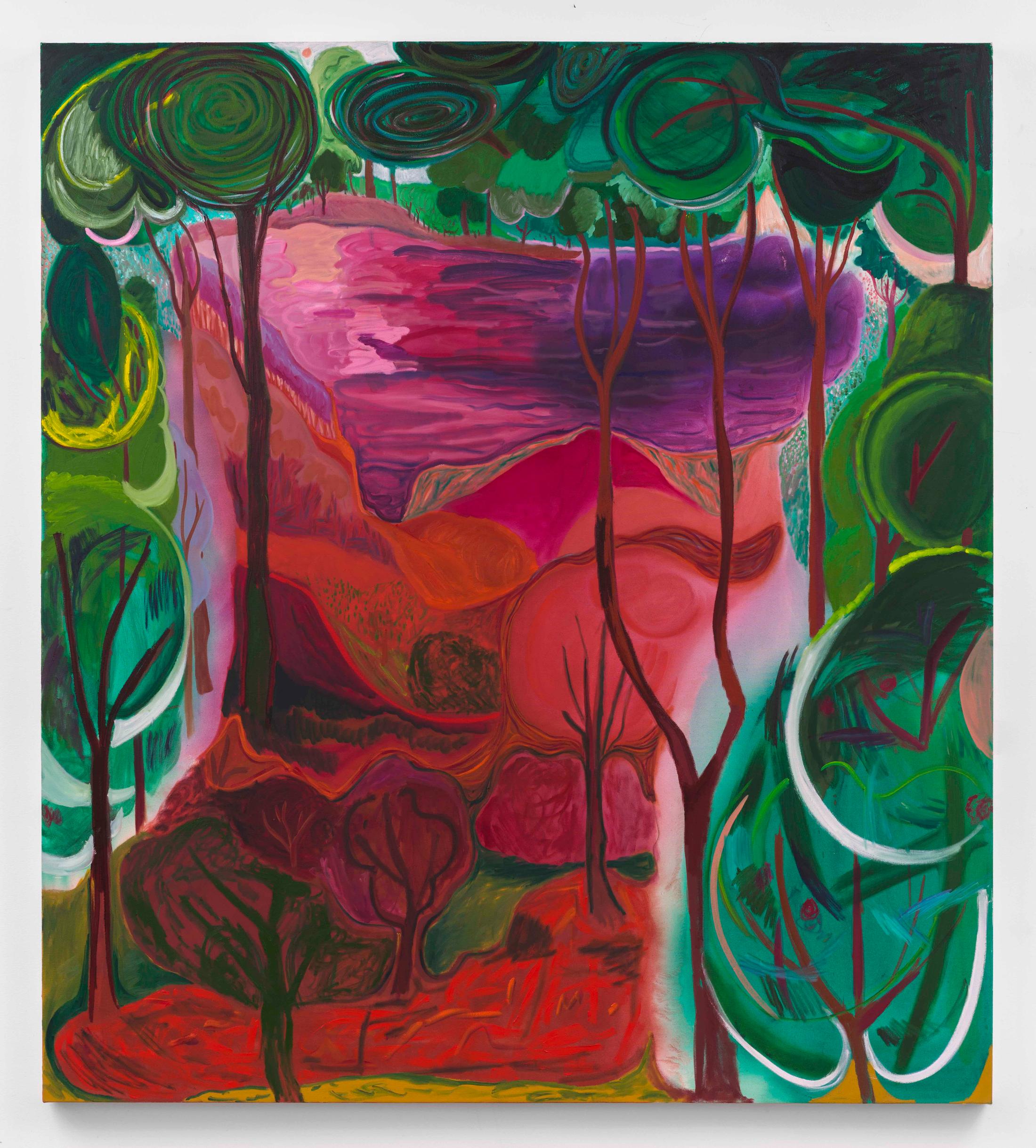 Exhibition View Shara Hughes «Don’t Hold Your Breath / view on Another Little Corner, 2018» at Galerie Eva Presenhuber, Zurich / Photo: Stefan Altenburger / Courtesy the artist and Galerie Eva Presenhuber