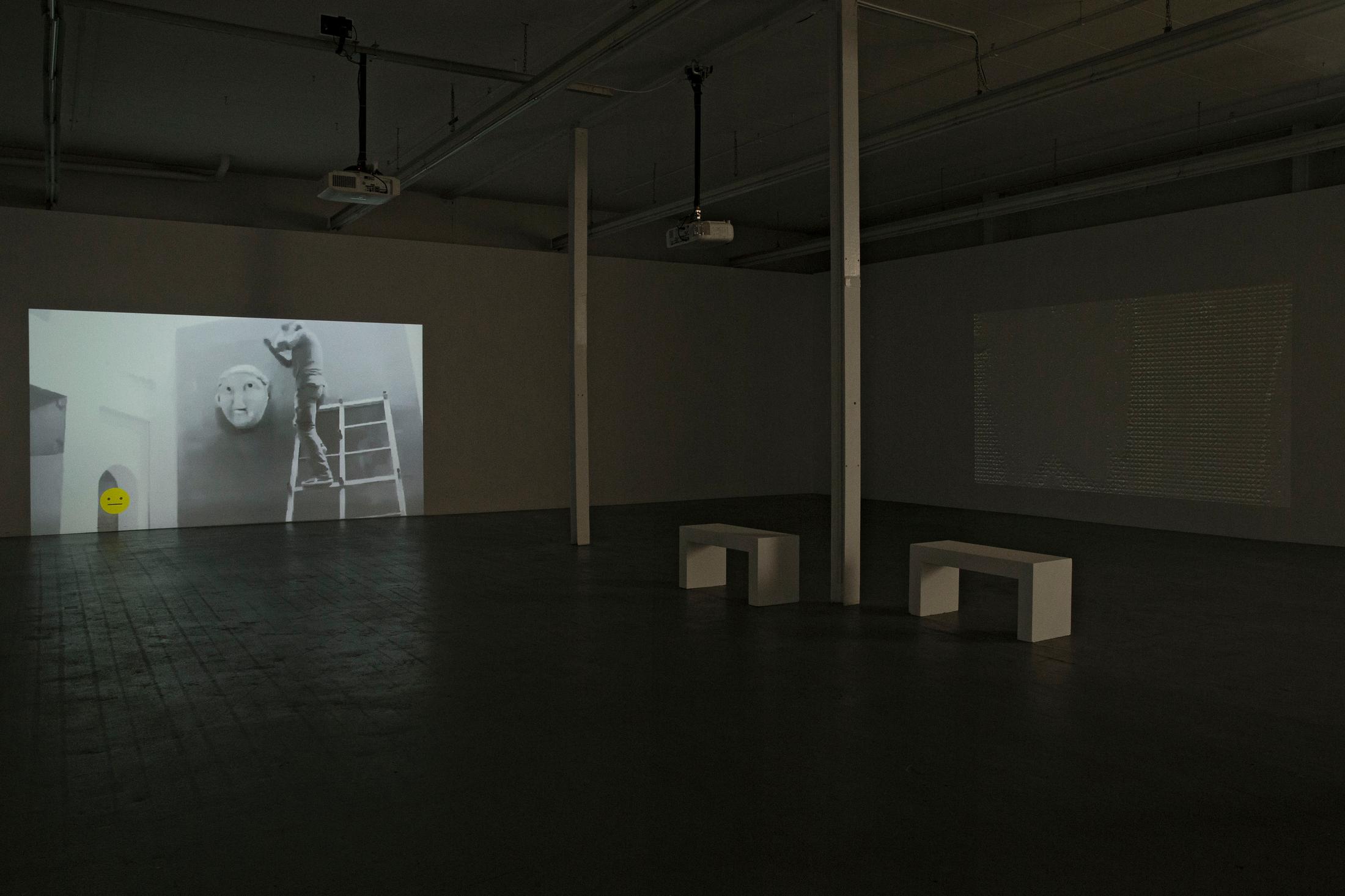 Exhibition View Sharif Waked Solo Show «Halftones; view on Sharif Waked, Just A Moment No. 17 (Smiley), 2016; MoM – Museum of Mosul, 2017» at Kunsthaus Baselland, Muttenz, Basel, 2020 / Photo: Gina Folly / Courtesy: the artist