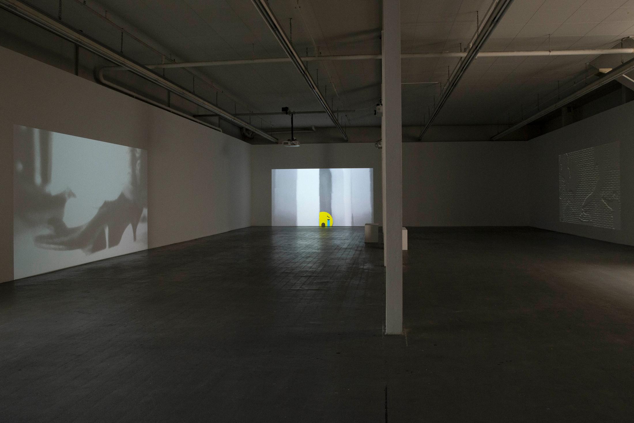 Exhibition View Sharif Waked Solo Show «Halftones; view on Sharif Waked, Just A Moment No. 4 (Away From You), 2011; Just A Moment No. 17 (Smiley), 2016; MoM – Museum of Mosul, 2017» at Kunsthaus Baselland, Muttenz, Basel, 2020 / Photo: Gina Folly / Courtesy: the artist