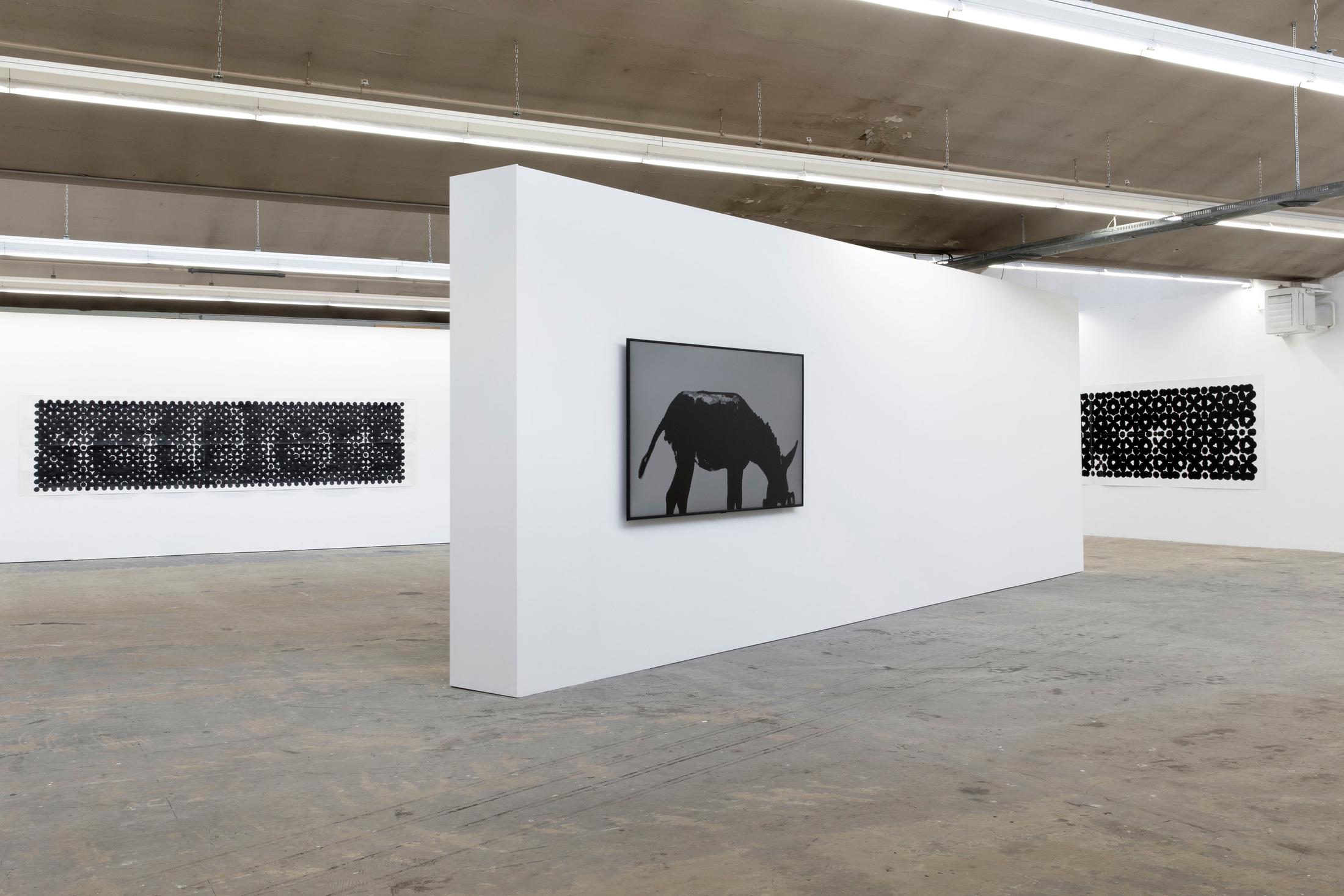Exhibition View Sharif Waked Solo Show «Halftones; view on Sharif Waked, Arabesque No. 8 (Settlers), 2020; Just A Moment No. 21 (Shit), 2018; Arabesque No. 11 (Breathe)» at Kunsthaus Baselland, Muttenz, Basel, 2020 / Photo: Gina Folly / Courtesy: the artist