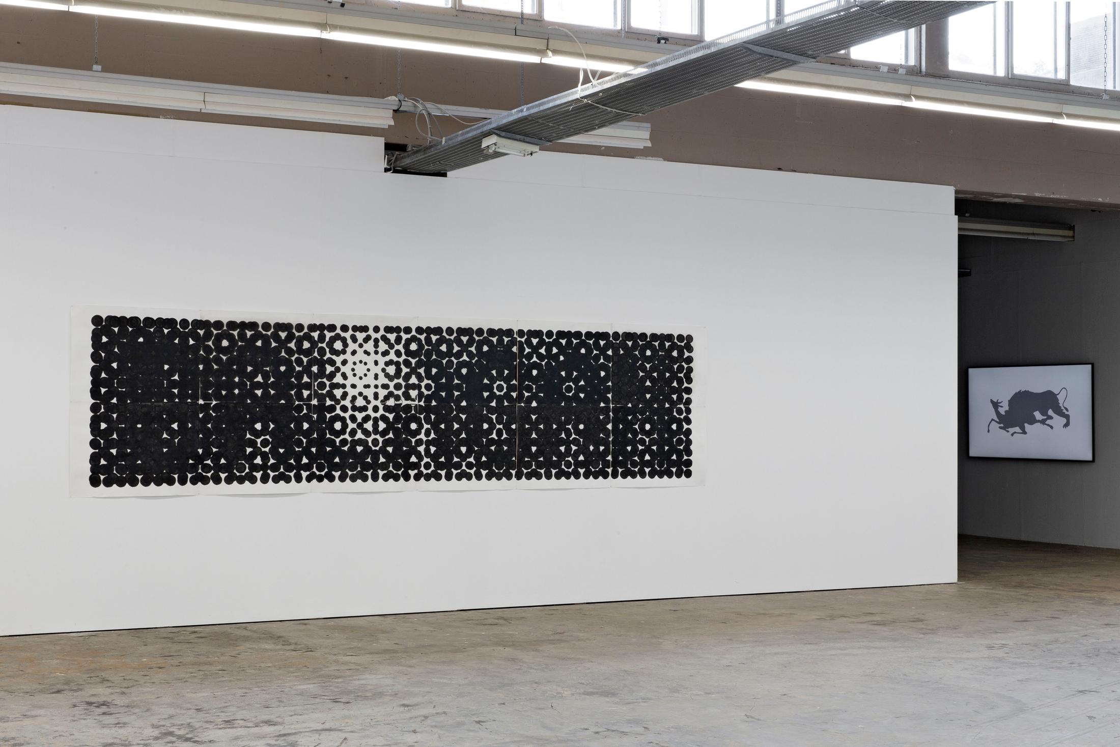 Exhibition View Sharif Waked Solo Show «Halftones; view on Sharif Waked, Arabesque No. 7 (Balagan), 2020; Just A Moment No. 5 (Jericho), 2012» at Kunsthaus Baselland, Muttenz, Basel, 2020 / Photo: Gina Folly / Courtesy: the artist