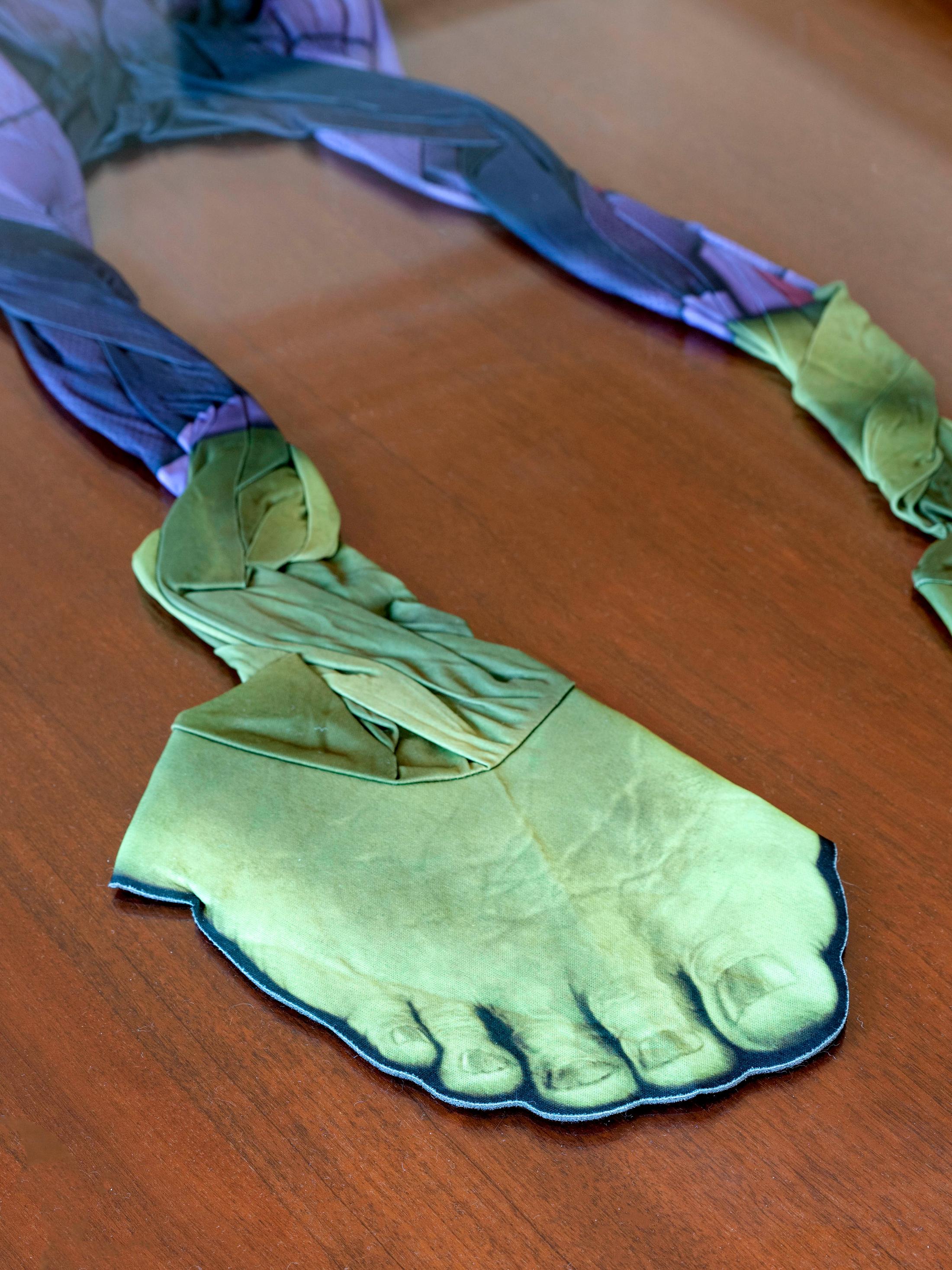 Exhibition View Shuang Li Solo Show «Among Us; view on Shuang Li, The Bully, 2021, costume, Plexiglas, metal screws, 179 x 89 cm, (detail)» at Cherish, Geneva, 2021 / Photo: James Bantone / Courtesy: the artist and Cherish