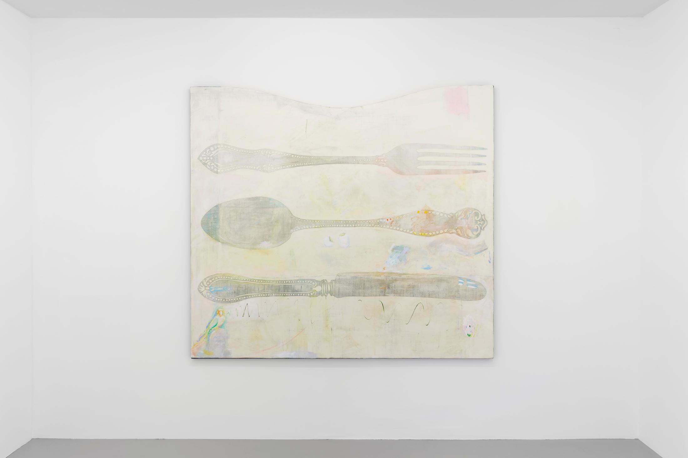 Exhibition View Sophie Reinhold Soloshow «Y; view on Sophie Reinhold, Wer will schon dreckiges Silber erben (Who wants to inherit dirty silver), 2020, Oil on marble powder on jute, 180 x 200 cm» at GALERIE PHILIPPZOLLINGER, Zurich, 2020 / Photo: Conradin Frei / Courtesy: the artist and GALERIE PHILIPPZOLLINGER