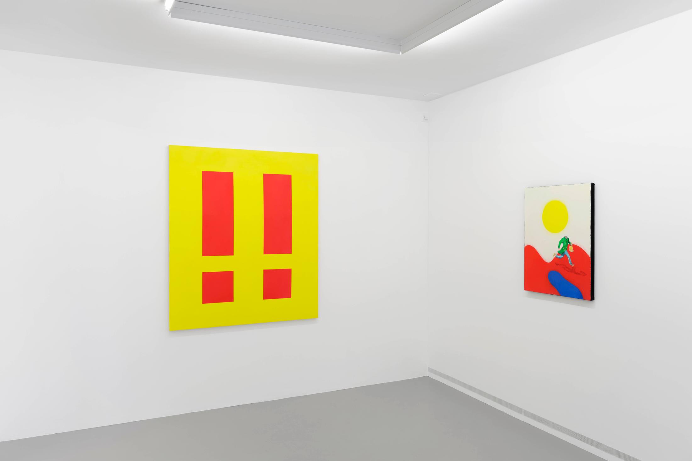 Exhibition View Sophie Reinhold Soloshow «Y; view on Sophie Reinhold, !!, 2020, Pigmented marble powder on jute, 150 x 130 cm and Person without head, 2020, Oil on marble powder on jute» at GALERIE PHILIPPZOLLINGER, Zurich, 2020 / Photo: Conradin Frei / Courtesy: the artist and GALERIE PHILIPPZOLLINGER