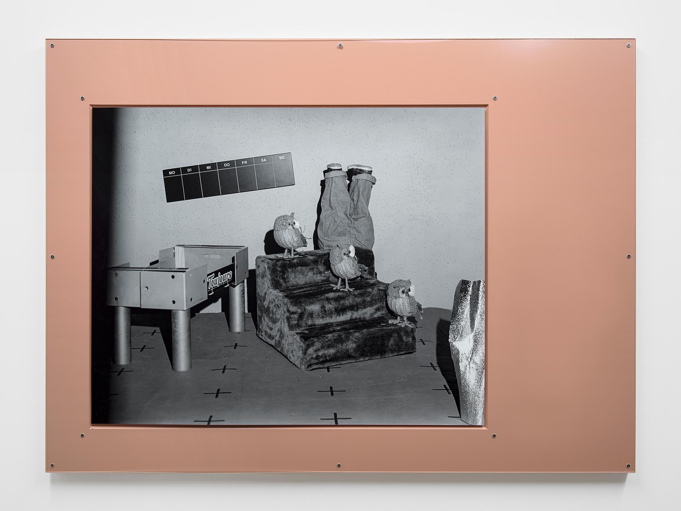 Exhibition View Stefan Burger Solo Show «Softbox; view on Stefan Burger, Immer, Gelatin silver print, Lacquered steel plate, Acrylic glass, 2023» at Kirchgasse Gallery, Steckborn, 2023 / Photo: Cedric Mussano / Courtesy: the artist and Kirchgasse Gallery