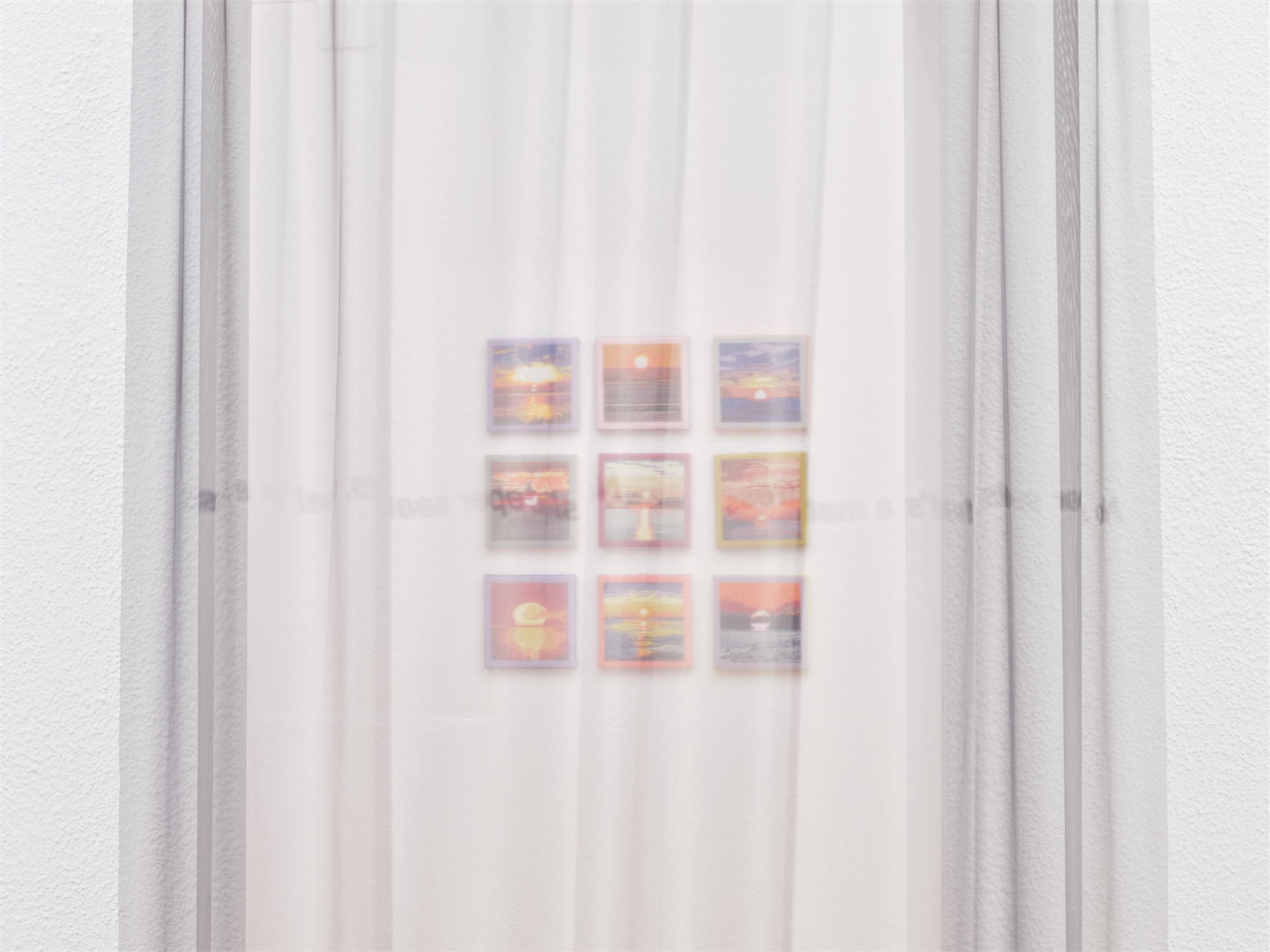 Exhibition View Group Show «Stitches. Home as Composition; view on Nathalie Diserens, #amazingsunset 1-9, 2020-2022» at Krone Couronne, Biel/Bienne, 2022 / Photo: Nicolas Delaroche / Courtesy: the artists and Krone Couronne