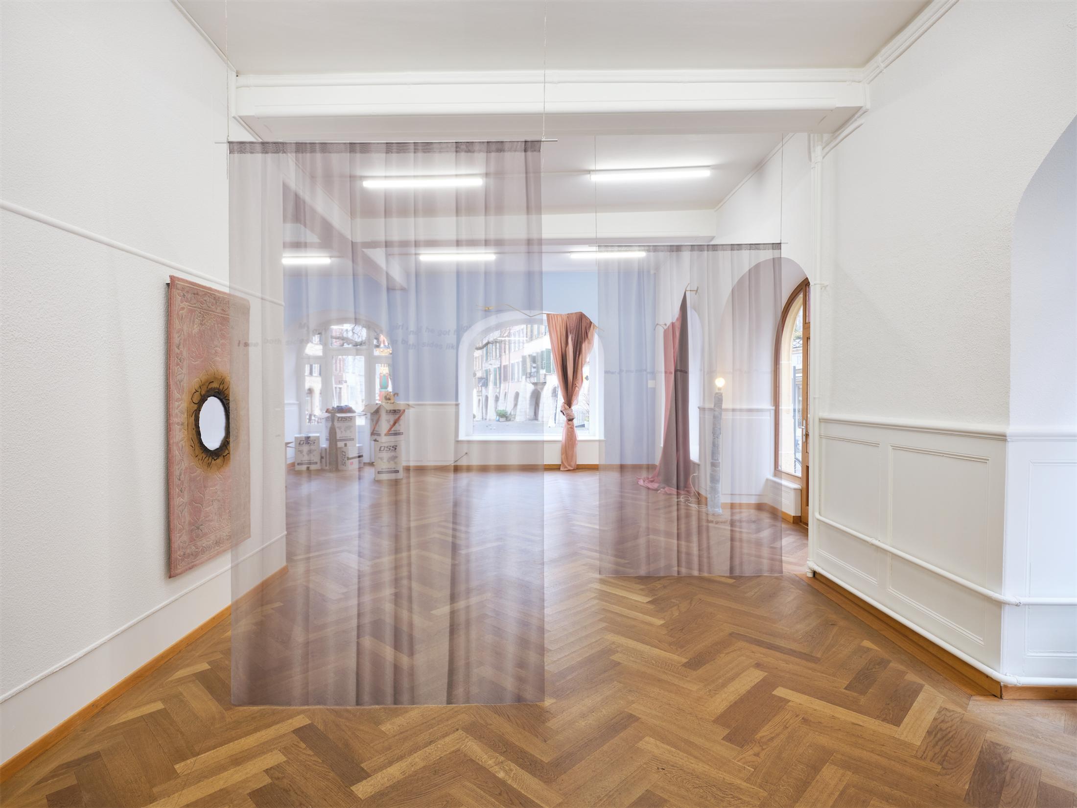 Exhibition View Group Show «Stitches. Home as Composition» at Krone Couronne, Biel/Bienne, 2022 / Photo: Nicolas Delaroche / Courtesy: the artists and Krone Couronne