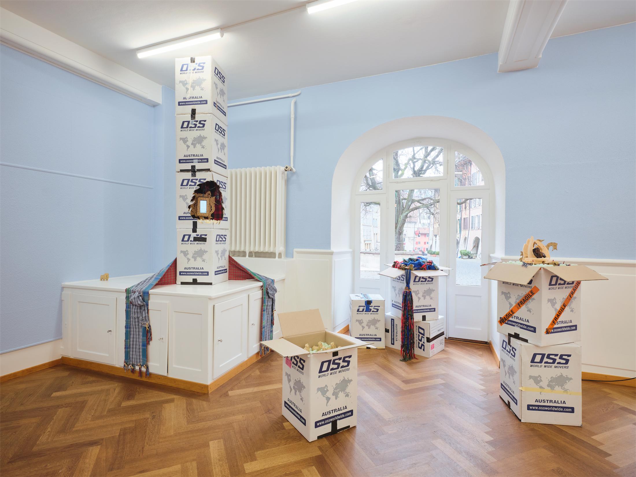 Exhibition View Group Show «Stitches. Home as Composition» at Krone Couronne, Biel/Bienne, 2022 / Photo: Nicolas Delaroche / Courtesy: the artists and Krone Couronne