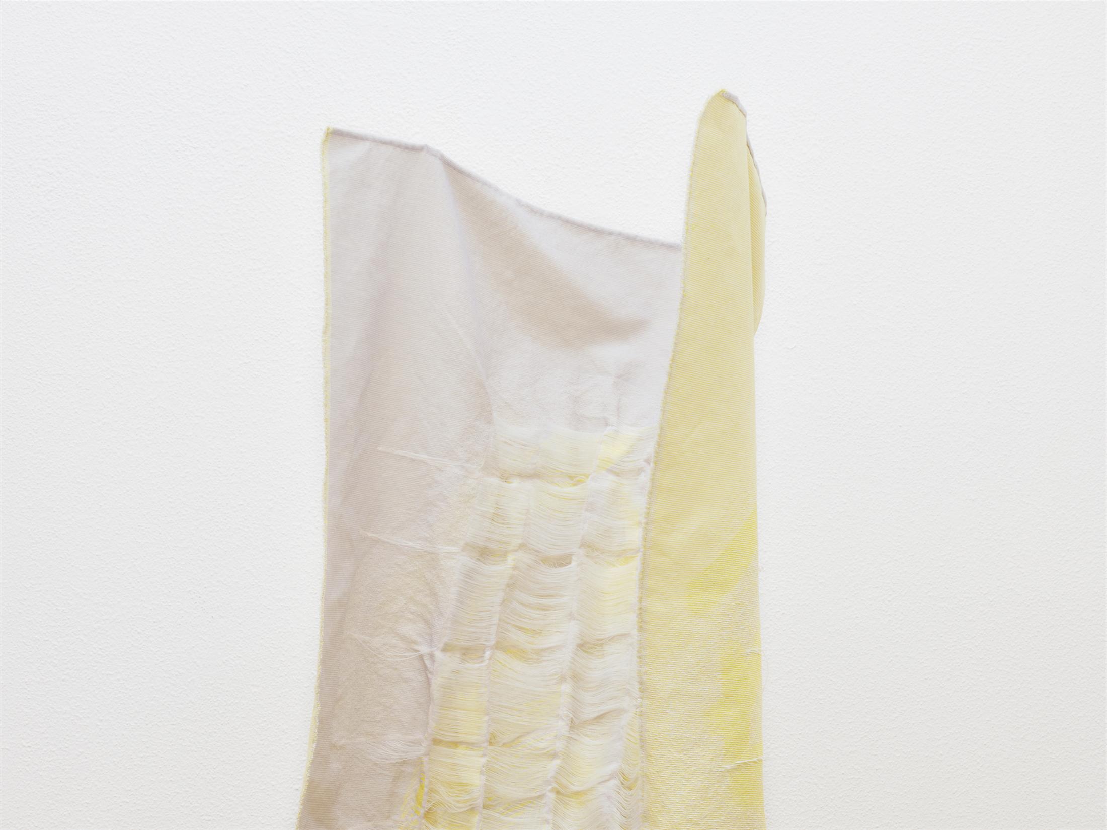 Exhibition View Group Show «Stitches. Home as Composition; view on Marie Schumann, All Those Dirty Hands (yellow rosé soft sculpture), 2021» at Krone Couronne, Biel/Bienne, 2022 / Photo: Nicolas Delaroche / Courtesy: the artists and Krone Couronne