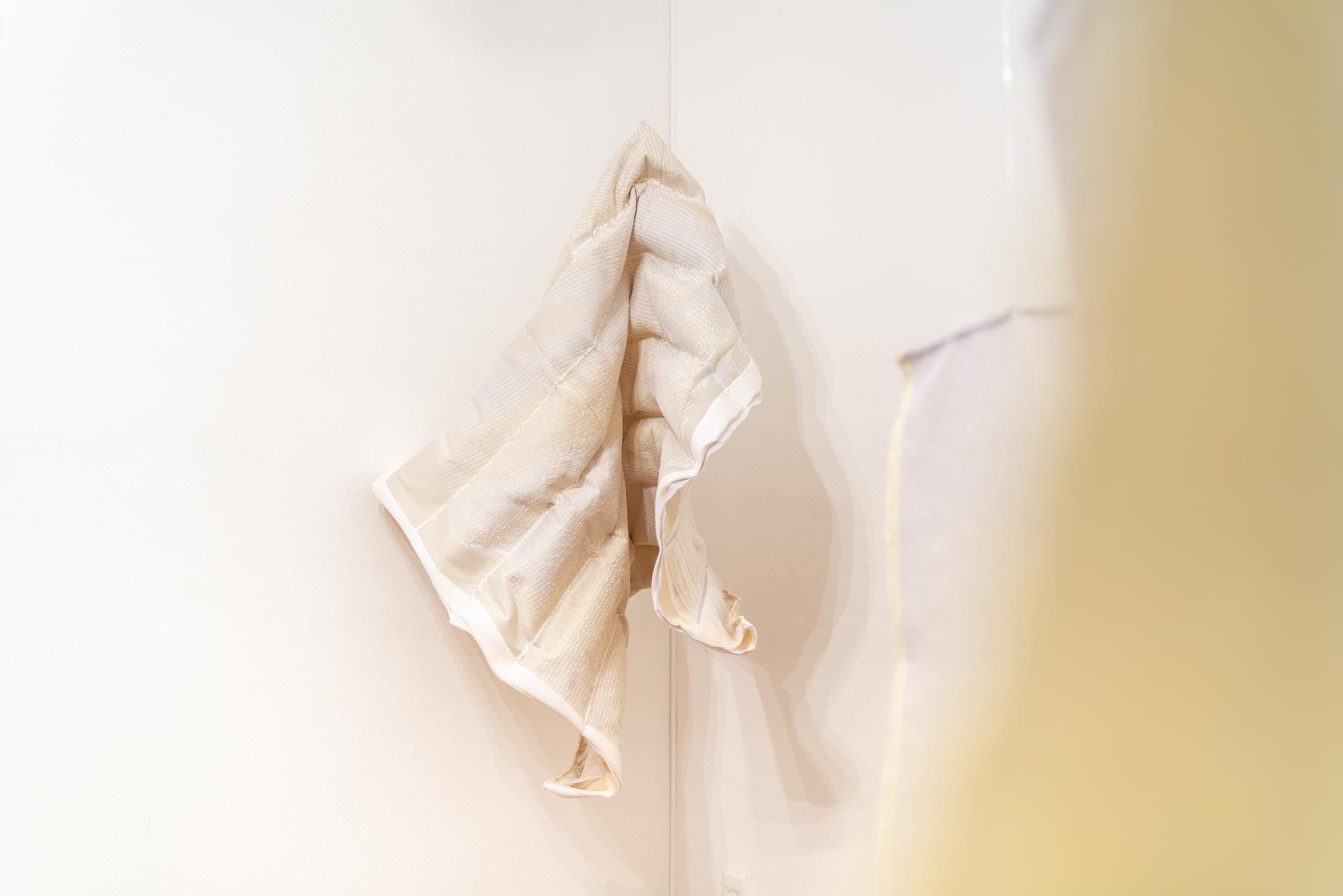 Exhibition View Group Show «Stitches. Home as Composition; view on Marie Schumann, All Those Dirty Hands (nude soft sculpture), 2021» at Krone Couronne, Biel/Bienne, 2022 / Photo: Nicolas Delaroche / Courtesy: the artists and Krone Couronne