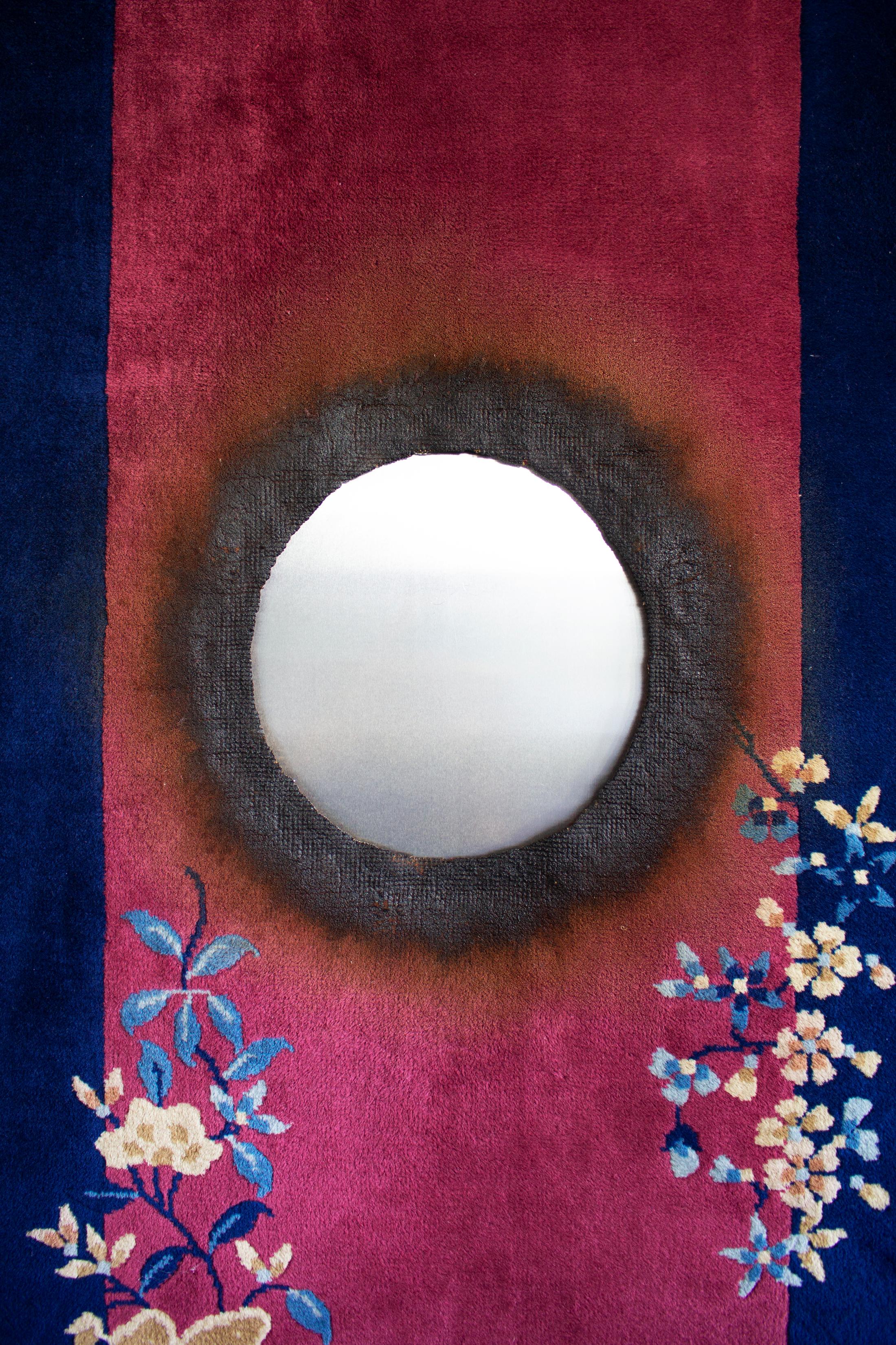 Exhibition View Group Show «Stitches. Home as Composition; view on Pablo Rezzonico, Falò I (Bonfire), 2021» at Krone Couronne, Biel/Bienne, 2022 / Photo: Nicolas Delaroche / Courtesy: the artists and Krone Couronne