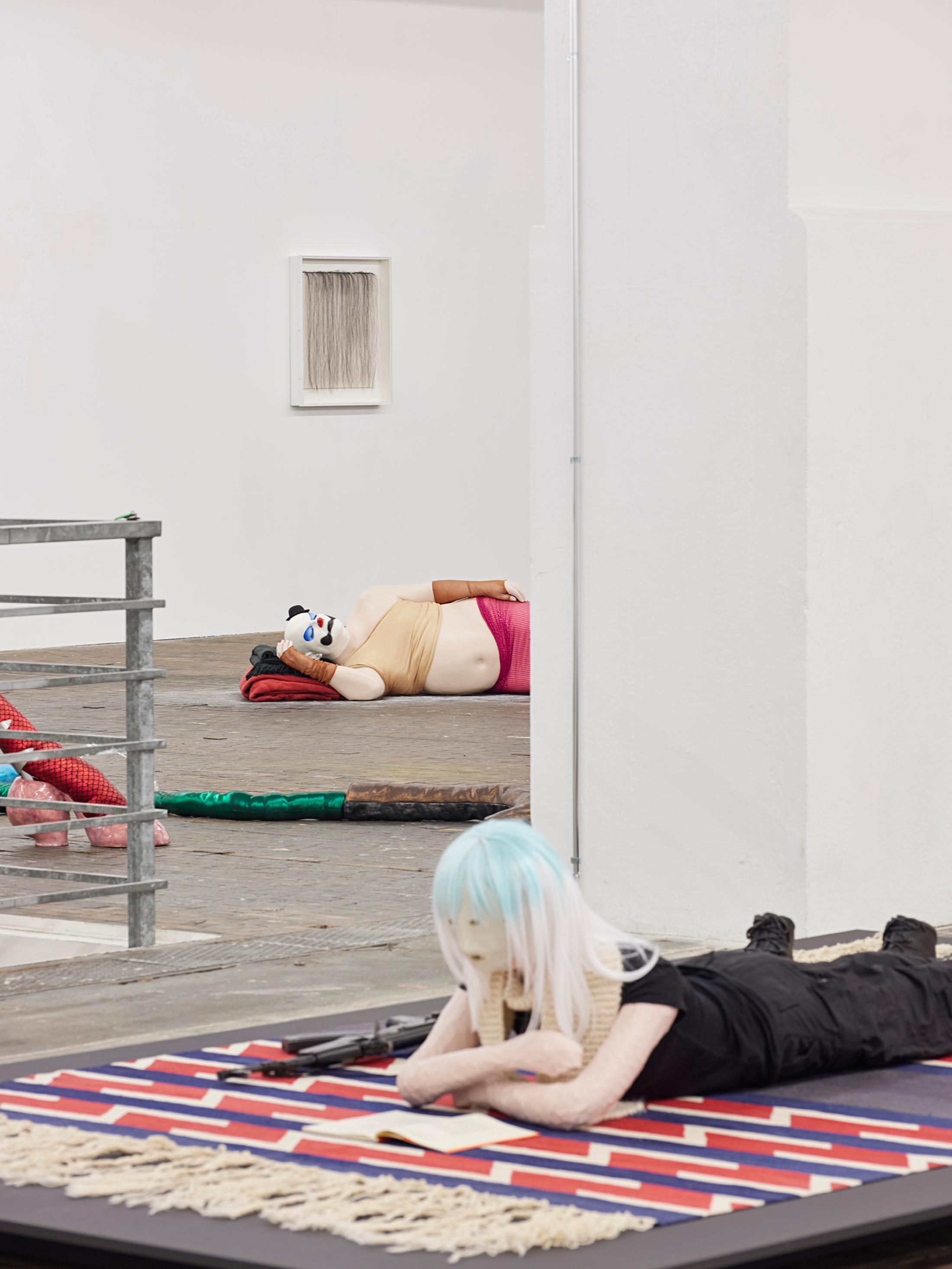 Exhibition View Group Show «Stitches: Scènes, corps, décors;  view on Rondinone, Pierrette Bloch, Mai-Thu Perret, (l.t.r.)» at Le Commun, Geneva, 2021 / Photo: Nicolas Delaroche Studio / Courtesy: the artists and Le Commun