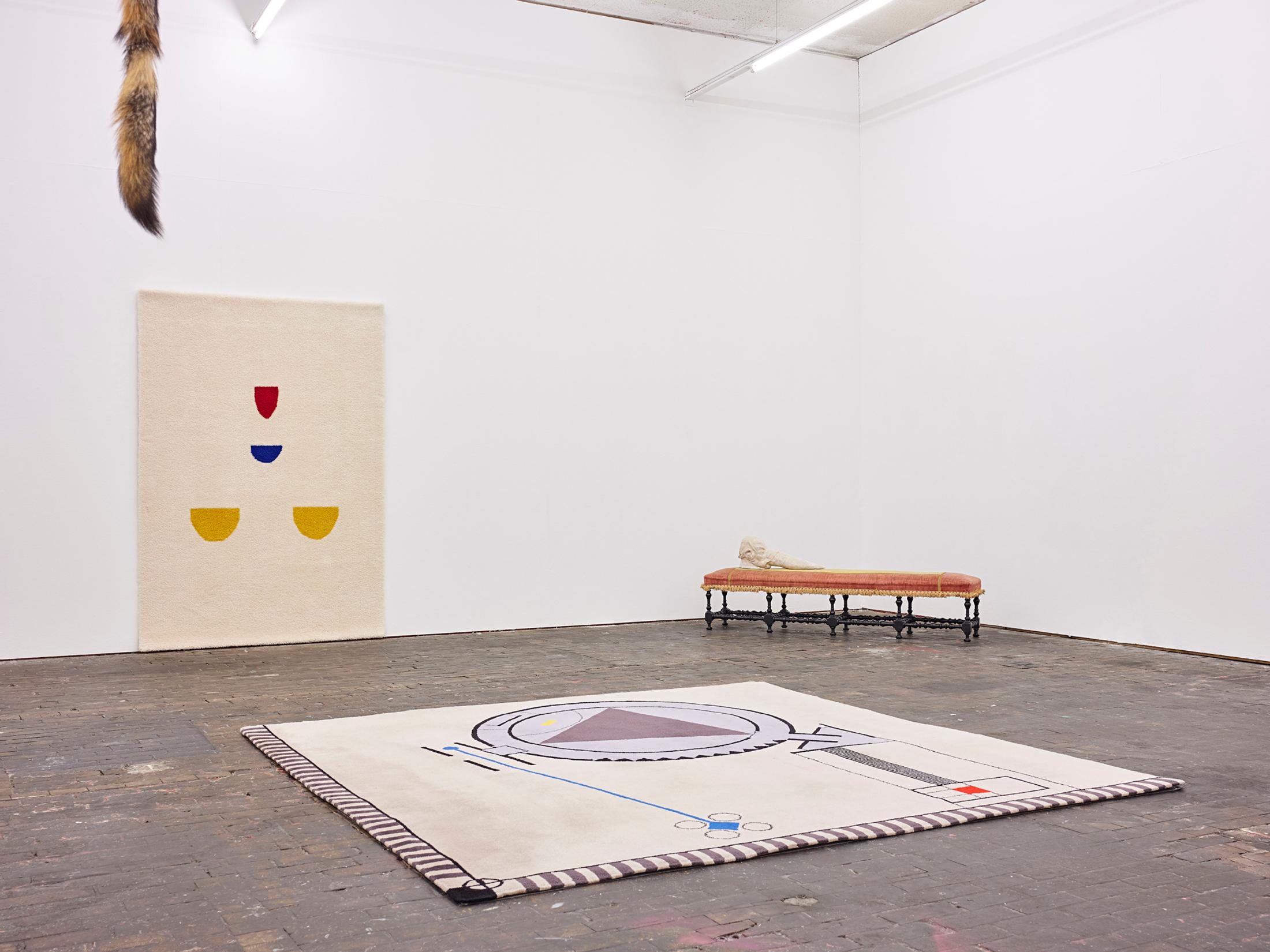 Exhibition View Group Show «Stitches: Scènes, corps, décors;  view on Deirdre O’Leary, Mario Botta, Denis Savary, (l.t.r.)» at Le Commun, Geneva, 2021 / Photo: Nicolas Delaroche Studio / Courtesy: the artists and Le Commun