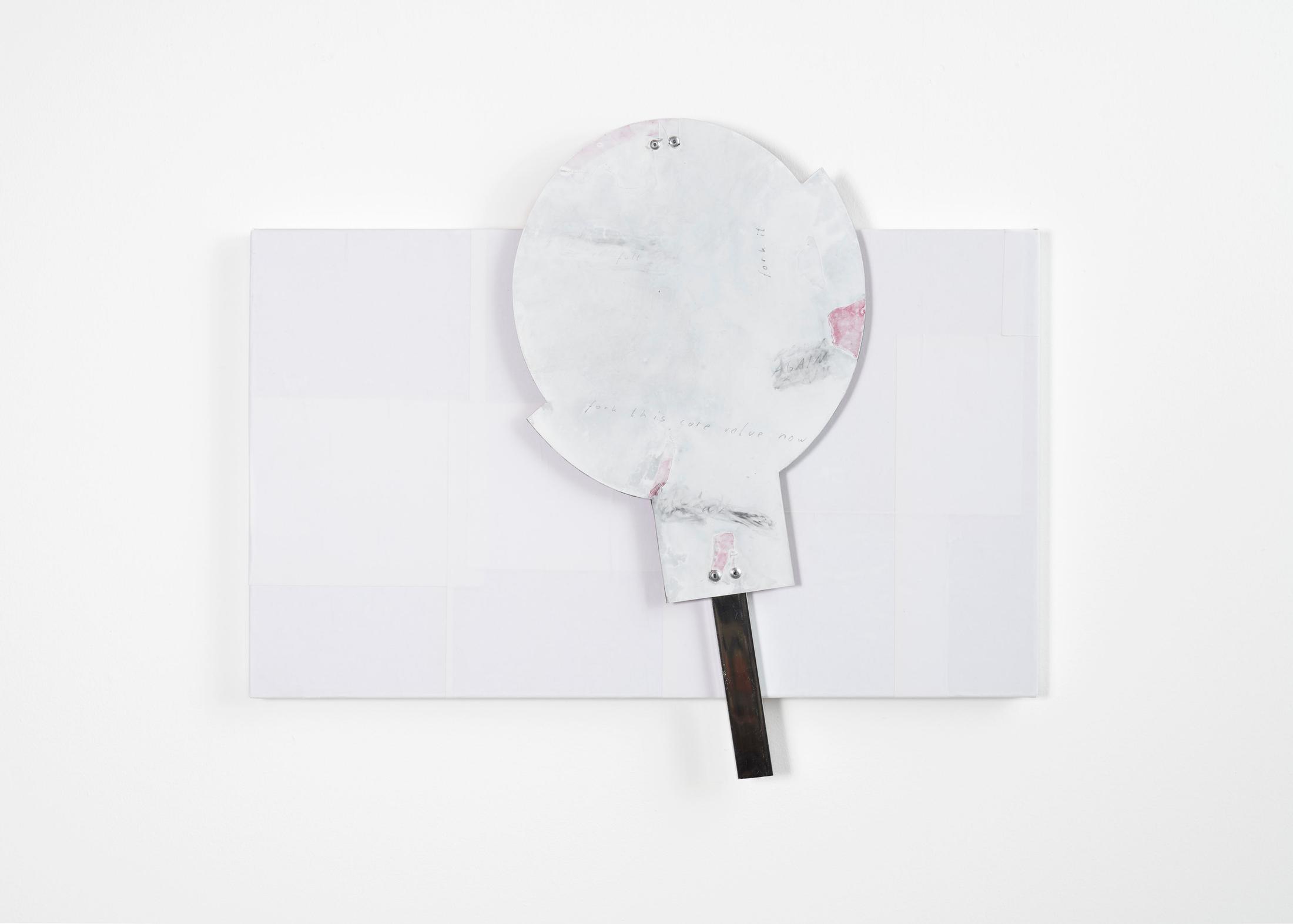 Exhibition View Group Show «Stop thinking about forever; view on Gilles Jacot, Fork it, 2021, Paper, metal, pencil, paint, rivets, 70 x 40 x 4cm» at Hamlet, Zurich, 2022-2023 / Photo: Patrick Cipriani / Courtesy: the artists and Hamlet