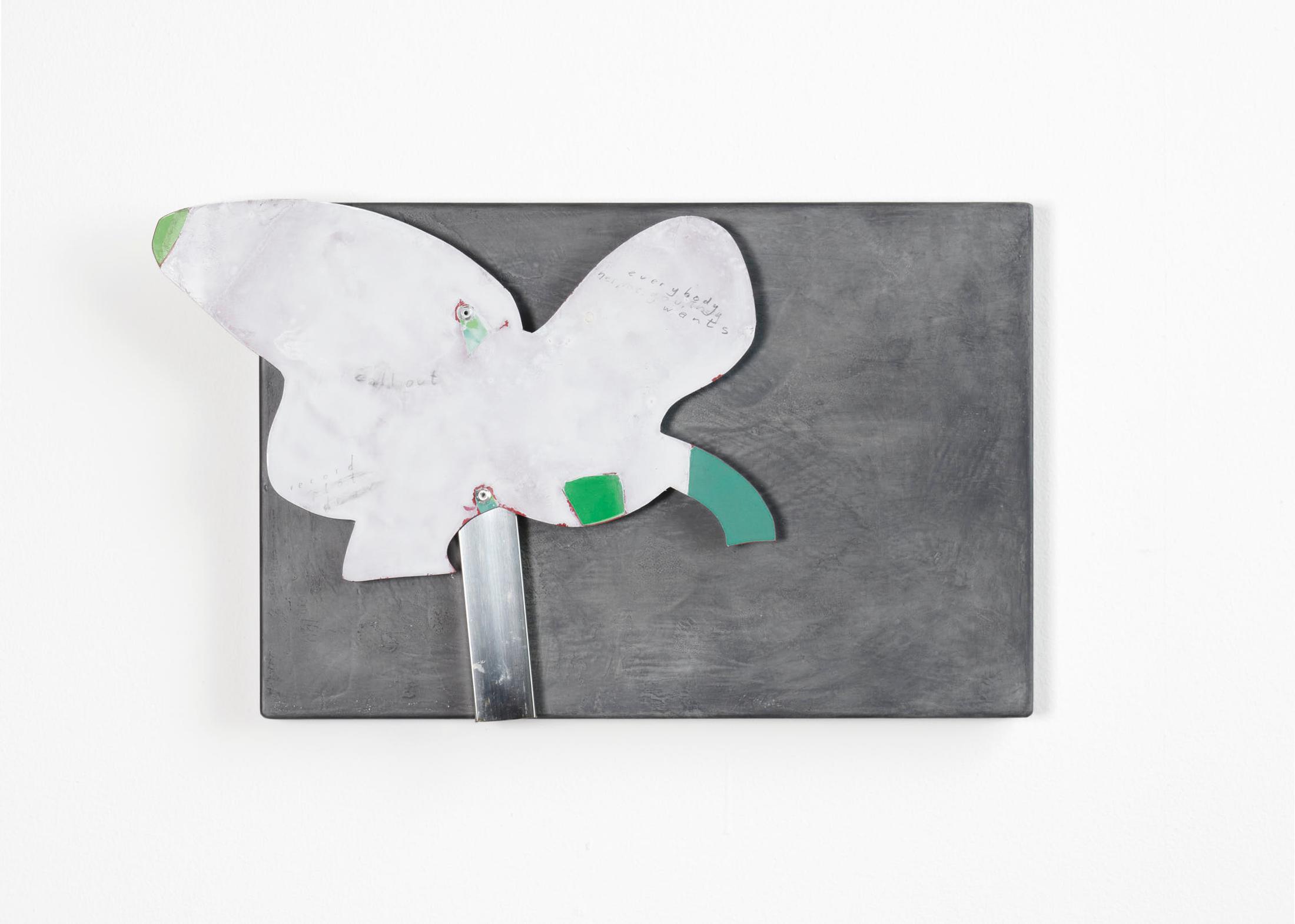 Exhibition View Group Show «Stop thinking about forever; view on Gilles Jacot, Call out, 2021, Graphite powder, metal, paint, rivets, 40 x 30 x 4 cm» at Hamlet, Zurich, 2022-2023 / Photo: Patrick Cipriani / Courtesy: the artists and Hamlet