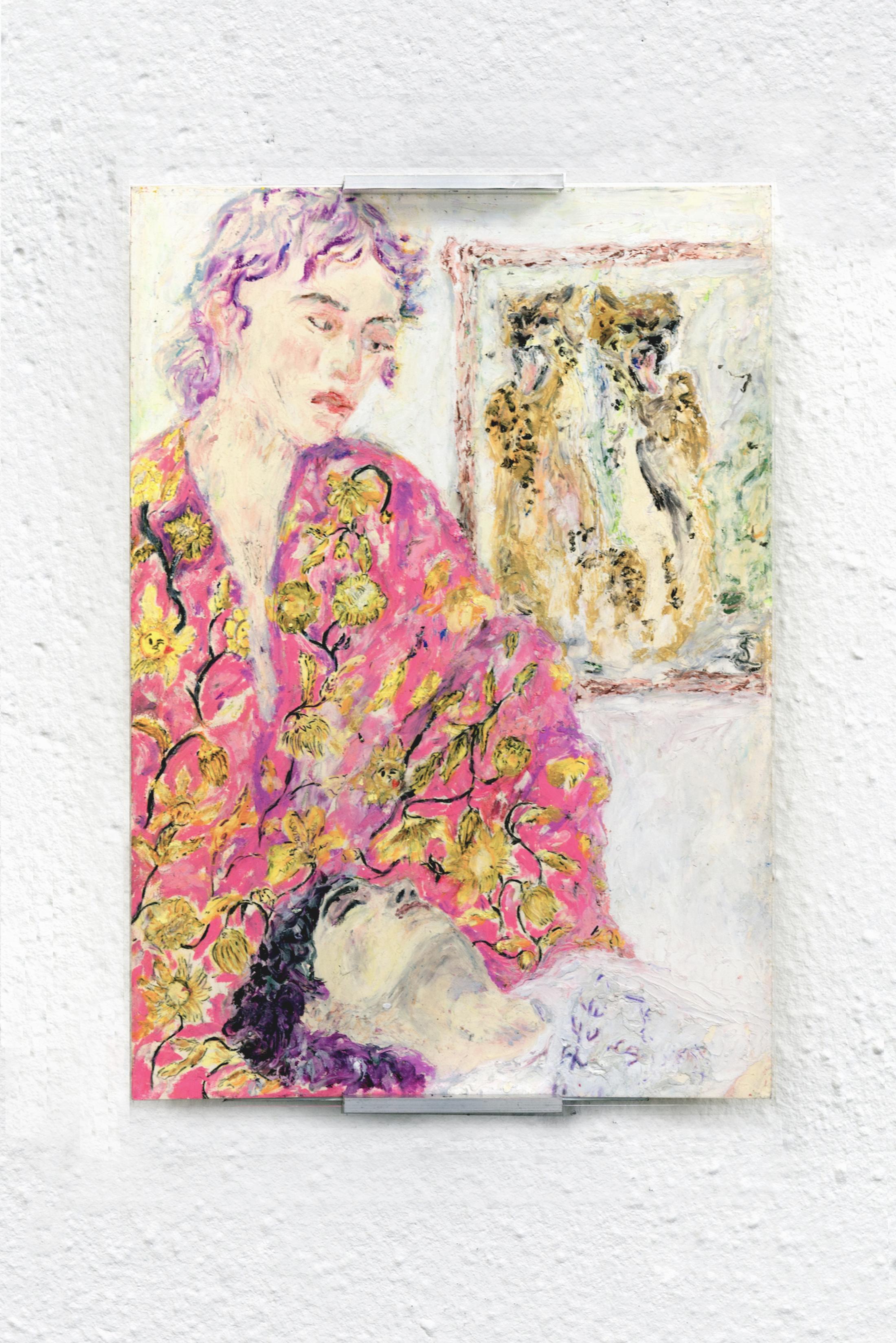 Exhibition View Group Show «Stop thinking about forever; view on Selina Lutz, dreamers, 2021, Oil pastel on paper, 21 x 30 cm» at Hamlet, Zurich, 2022-2023 / Photo: Patrick Cipriani / Courtesy: the artists and Hamlet