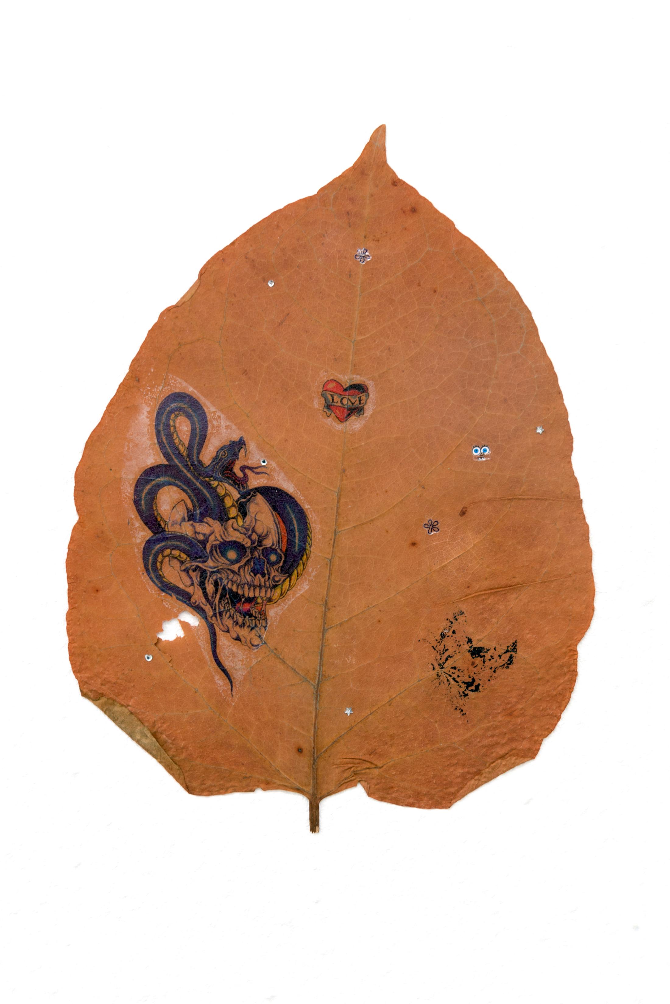 Exhibition View Group Show «Stop thinking about forever; view on Johanna Blank, Leaves, 2019, Pressed leaves (unknown plant), spongebob nail stickers, temporary tattoos, Essence bling bling nail stickers, 18.5 x 25 cm» at Hamlet, Zurich, 2022-2023 / Photo: Patrick Cipriani / Courtesy: the artists and Hamlet