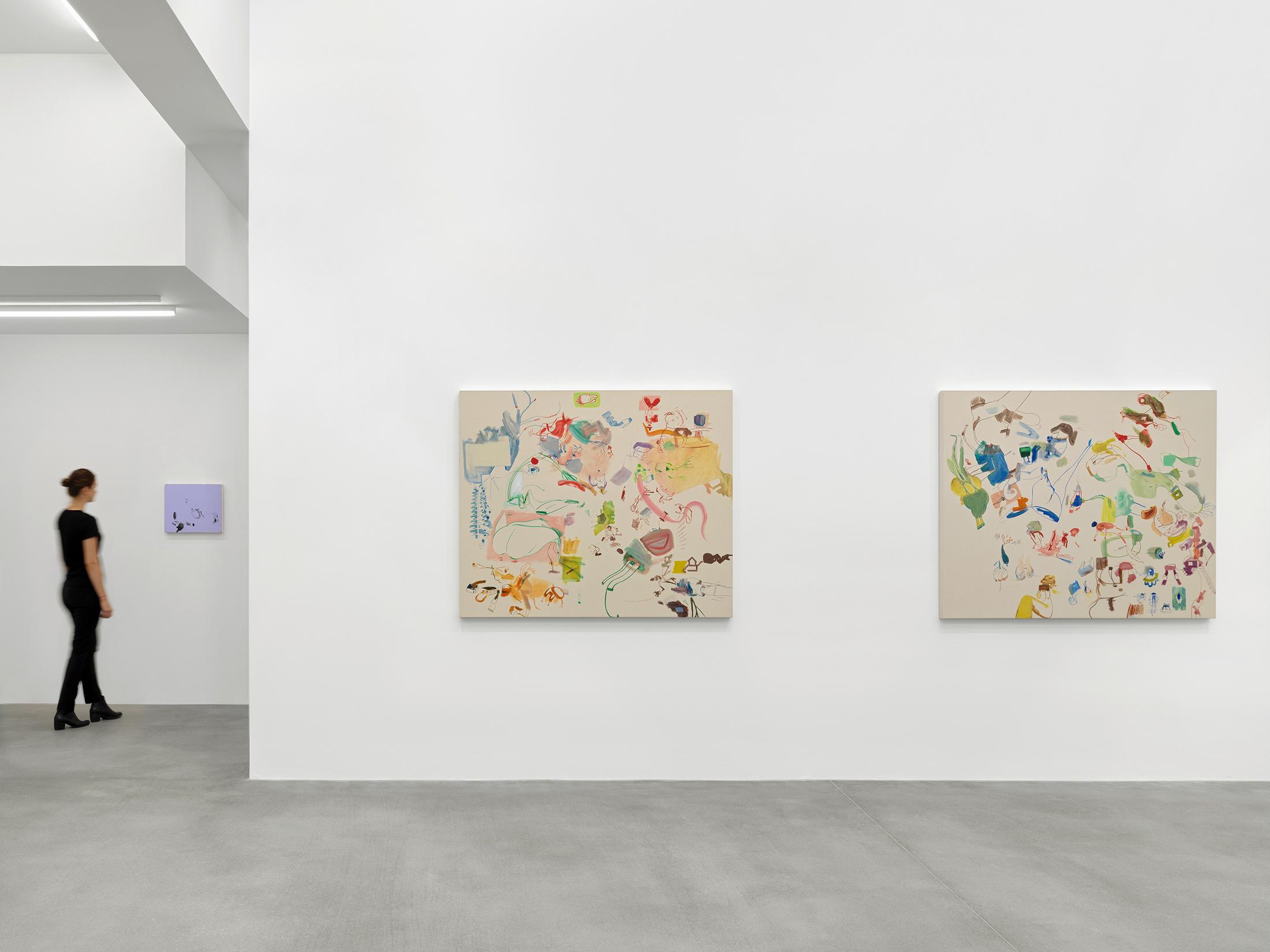 Exhibition View Sue Williams Soloshow at Galerie Eva Presenhuber, Waldmannstrasse, Zurich, 2020 / Photo: Stefan Altenburger / © Sue Williams / Courtesy the artist and Galerie Eva Presenhuber, Zurich / New York