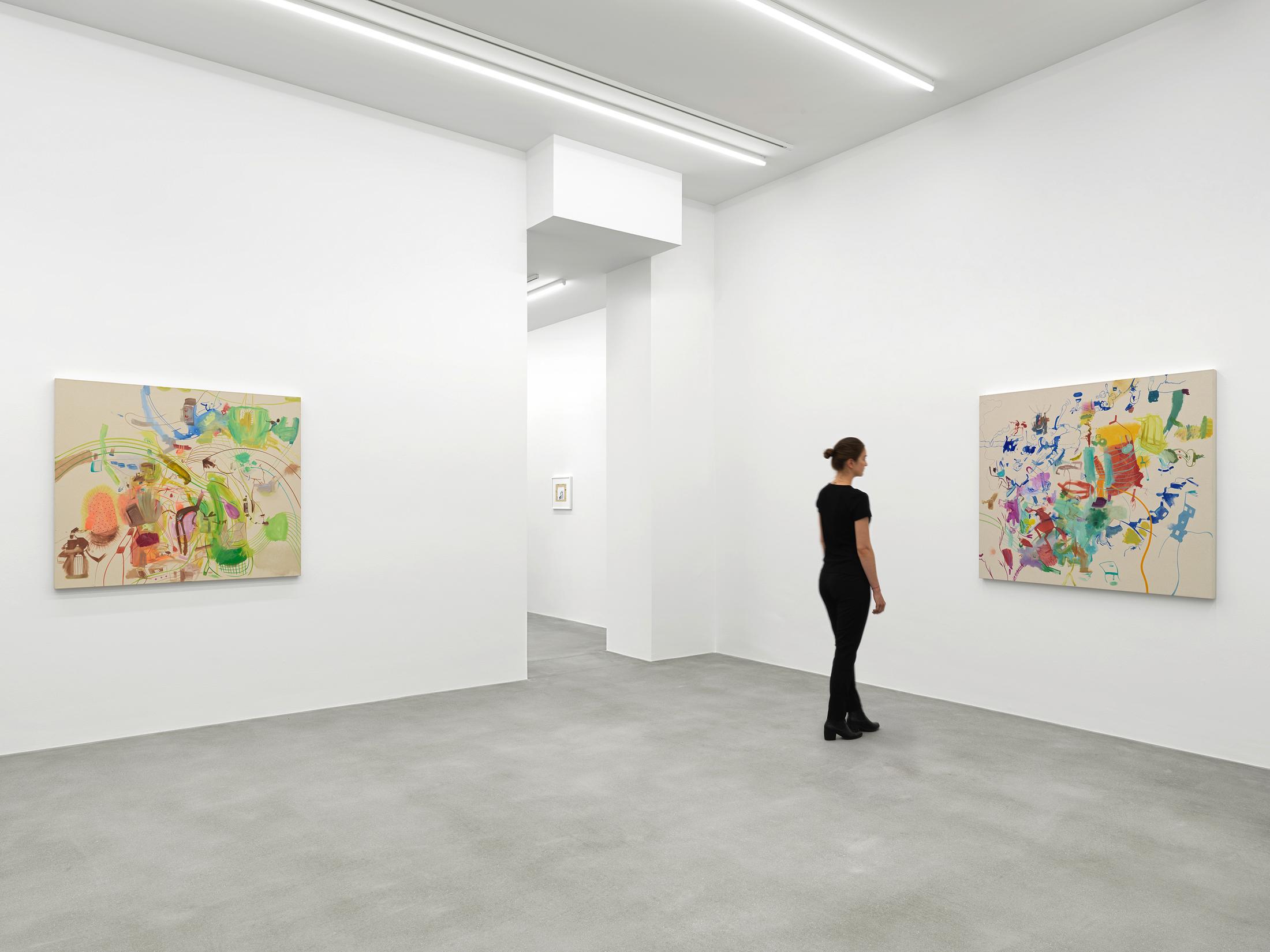Exhibition View Sue Williams Soloshow at Galerie Eva Presenhuber, Waldmannstrasse, Zurich, 2020 / Photo: Stefan Altenburger / © Sue Williams / Courtesy the artist and Galerie Eva Presenhuber, Zurich / New York