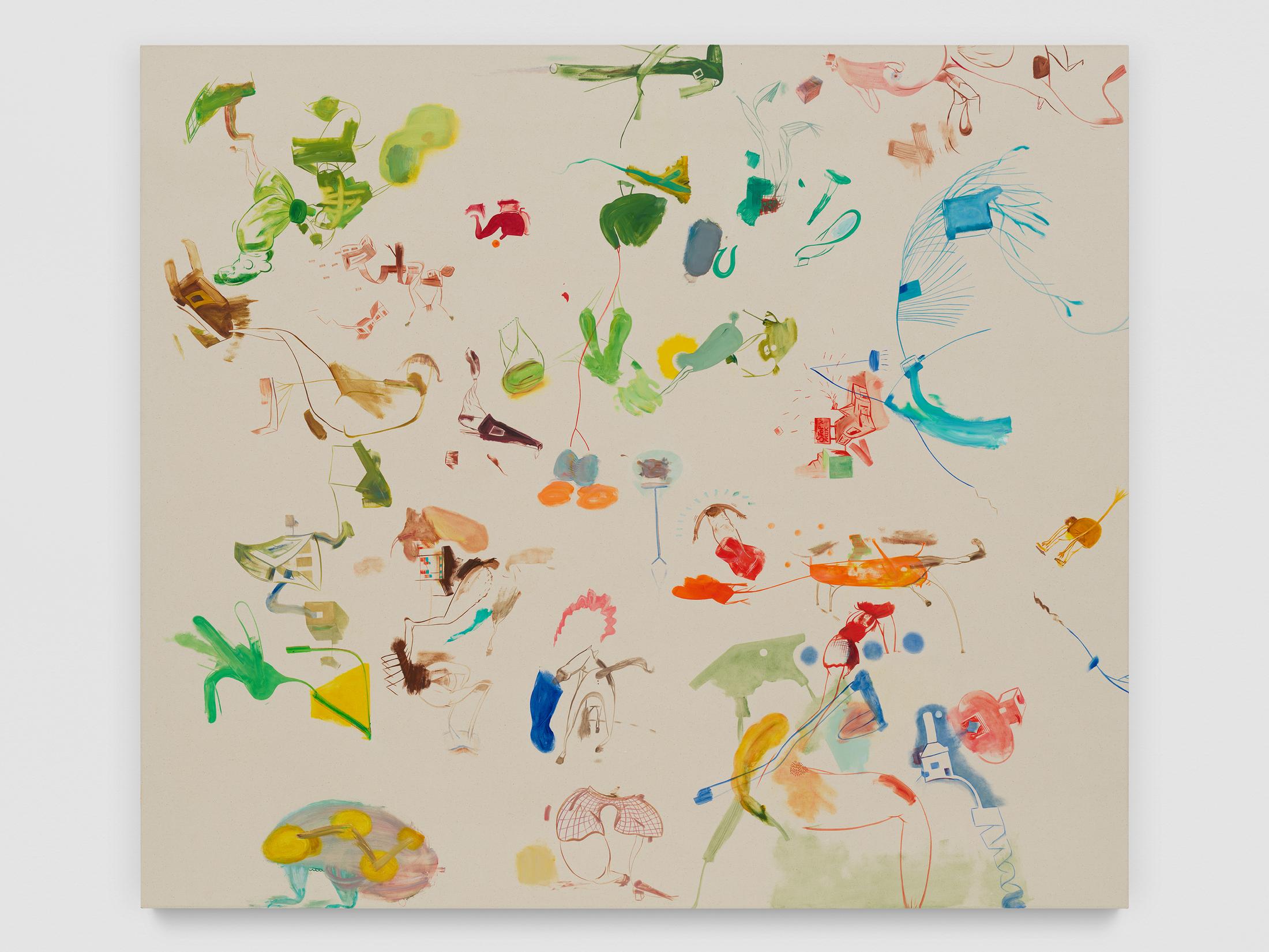 Exhibition View Sue Williams Soloshow (view on Sue Williams, Gizzard’s Holiday, 2020, Oil on canvas, 178 x 203 cm) at Galerie Eva Presenhuber, Waldmannstrasse, Zurich, 2020 / Photo: Stefan Altenburger / © Sue Williams / Courtesy the artist and Galerie Eva Presenhuber, Zurich / New York