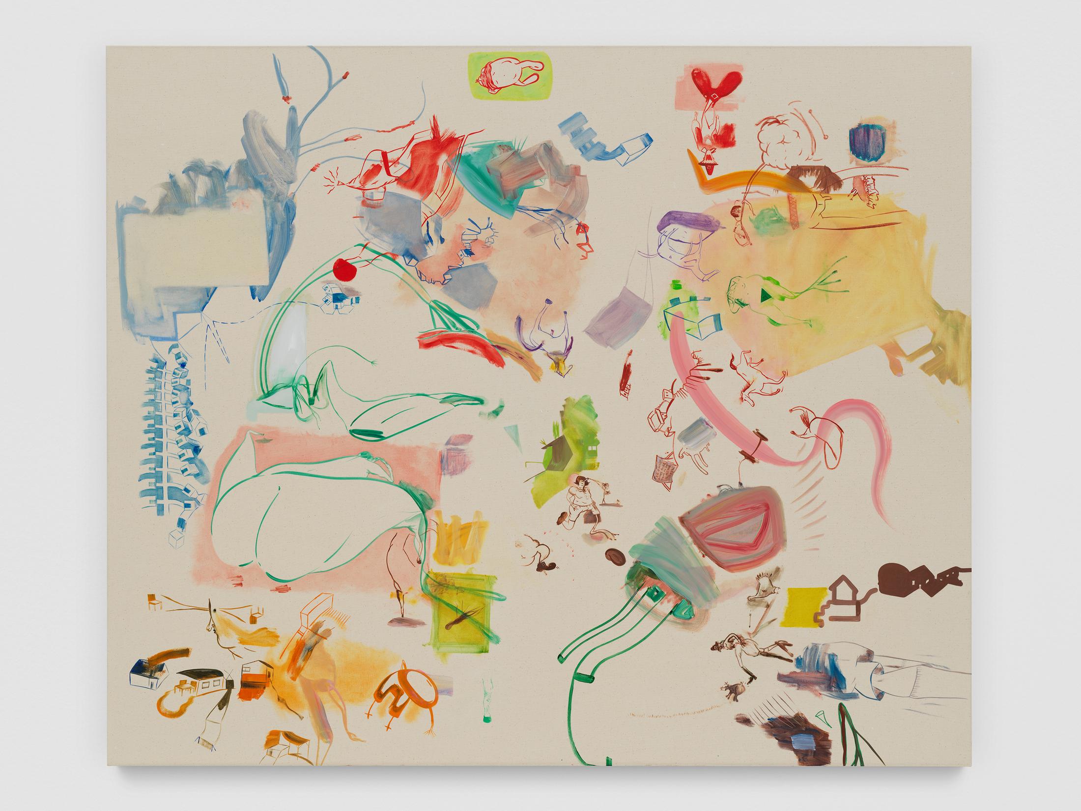 Exhibition View Sue Williams Soloshow (view on Sue Williams, Pleasant Zones, 2020, Oil on canvas, 127 x 152.5 cm) at Galerie Eva Presenhuber, Waldmannstrasse, Zurich, 2020 / Photo: Stefan Altenburger / © Sue Williams / Courtesy the artist and Galerie Eva Presenhuber, Zurich / New York