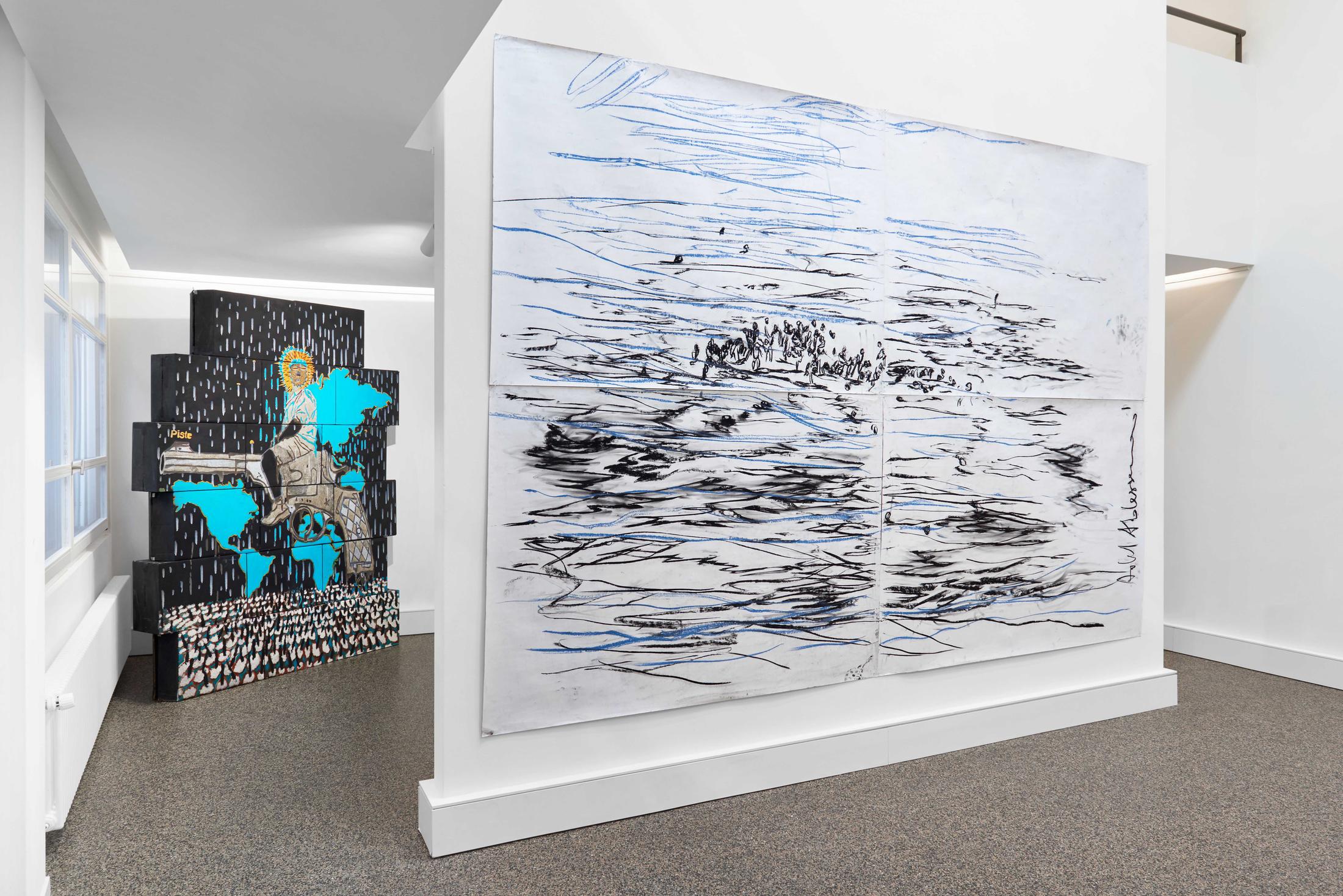 Exhibition View Groupshow «Supper Club; view on Omar Ba, The Rider 1, 2018 and Adel Abdessemed, Politics of Studio, Lampedusa, 2020» at Wilde, Basel, 2020 / Photo: Philipp Hänger / Courtesy: the artists and Wilde