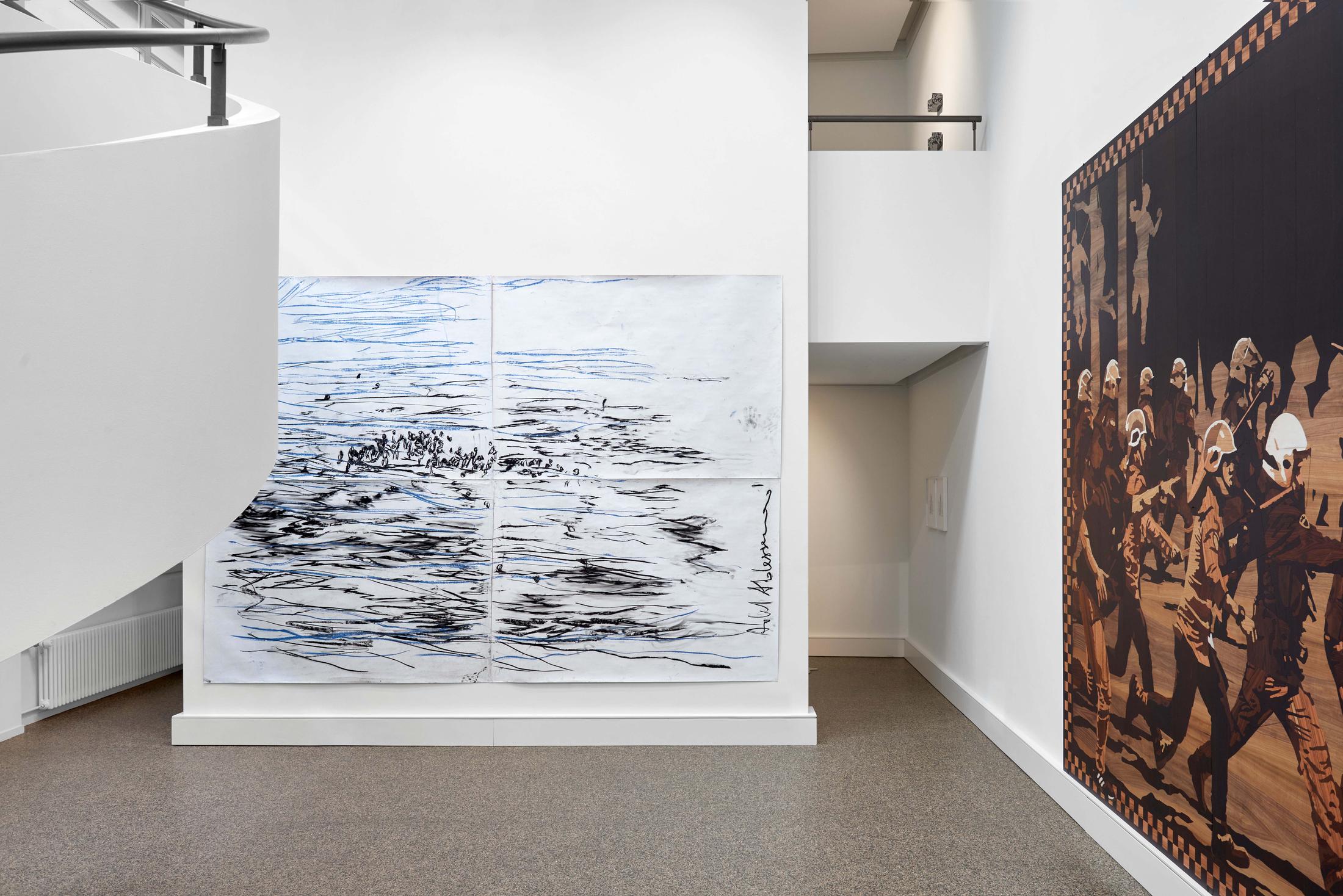 Exhibition View Groupshow «Supper Club; view on Adel Abdessemed, Politics of Studio, Lampedusa, 2020 and Andrea Mastrovito, History of Hostility, 2019» at Wilde, Basel, 2020 / Photo: Philipp Hänger / Courtesy: the artists and Wilde