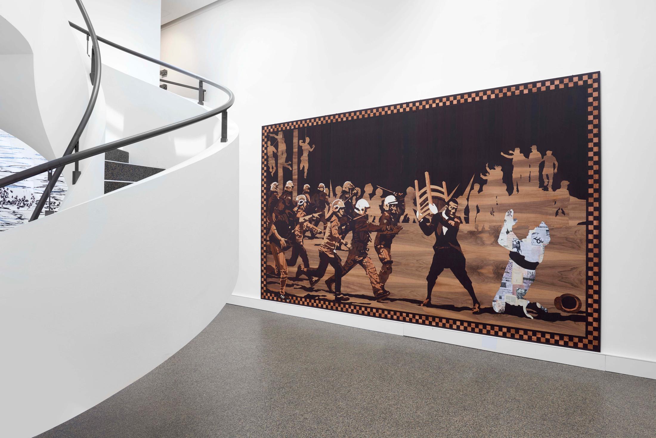 Exhibition View Groupshow «Supper Club; view on Andrea Mastrovito, History of Hostility, 2019» at Wilde, Basel, 2020 / Photo: Philipp Hänger / Courtesy: the artists and Wilde