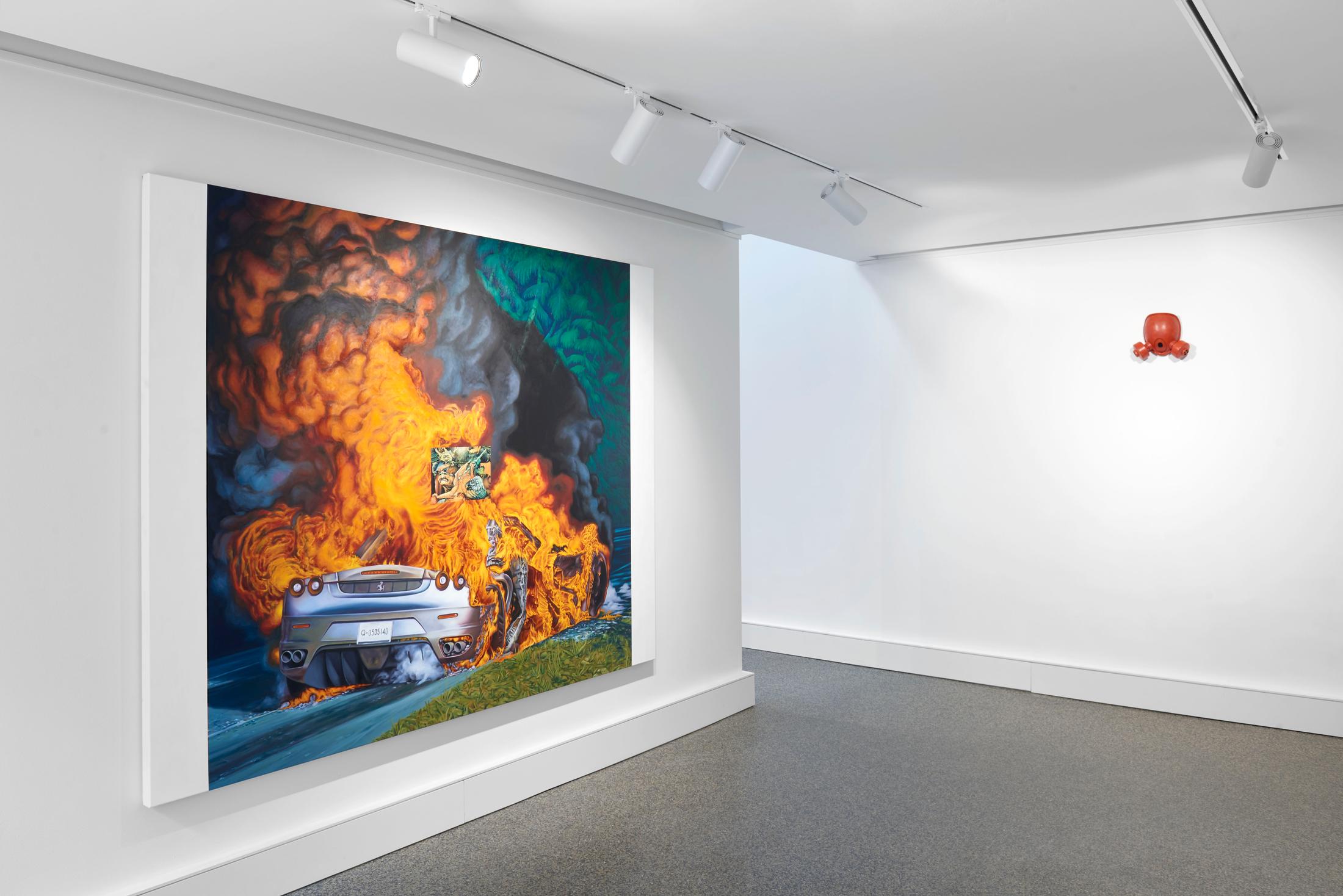 Exhibition View Groupshow «Supper Club; view on Mathieu Dafflon, Voyage au bout de la nuit, 2019 and Carmen Perrin, Masque peinture, 2020» at Wilde, Basel, 2020 / Photo: Philipp Hänger / Courtesy: the artists and Wilde