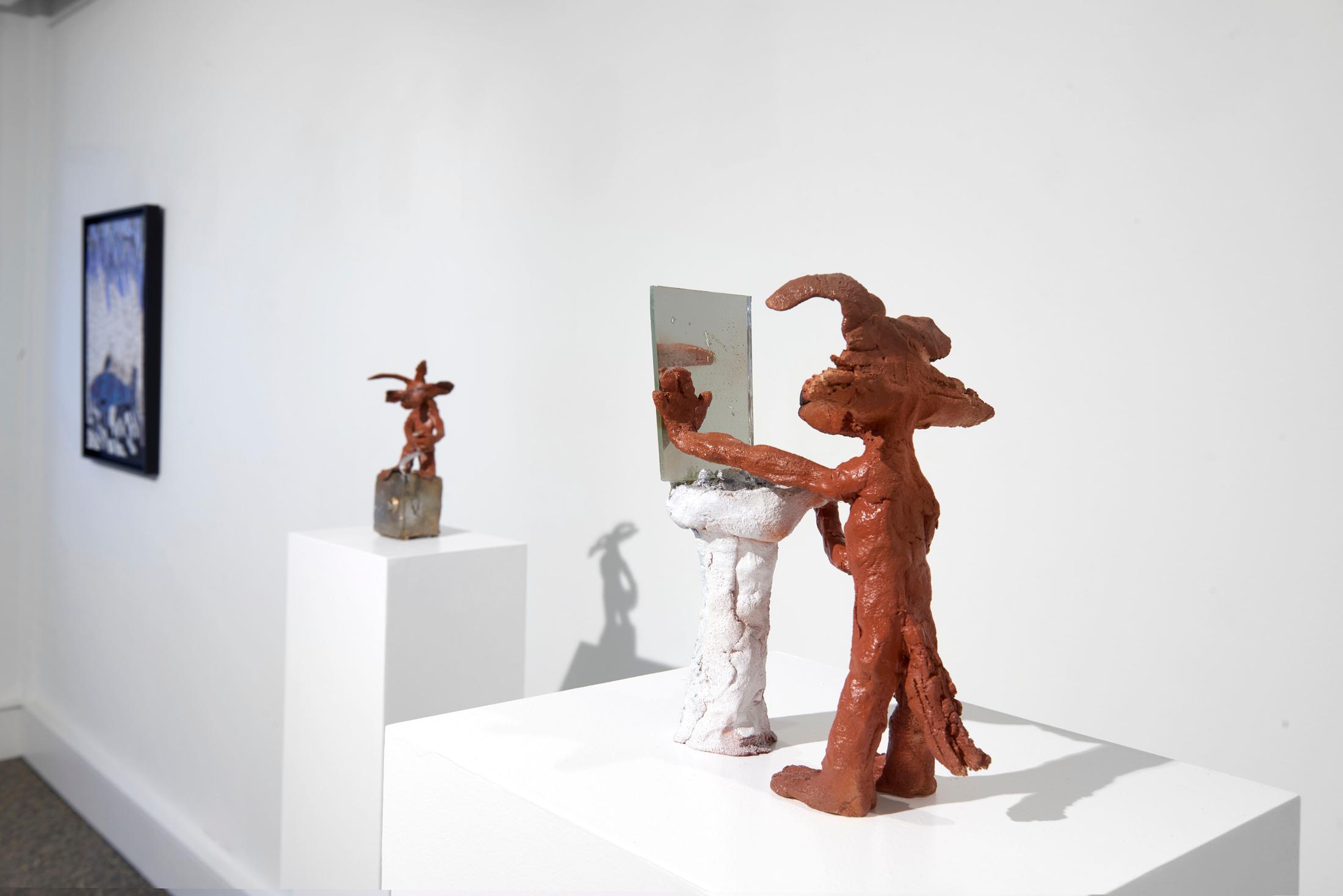 Exhibition View Groupshow «Supper Club; view on Cassidy Toner, Wile E. Coyote contemplates his existence, 2018 and Cassidy Toner, Wile E. Coyote desperately tries to open the vault to his inner happiness, 2019» at Wilde, Basel, 2020 / Photo: Philipp Hänger / Courtesy: the artist and Wilde