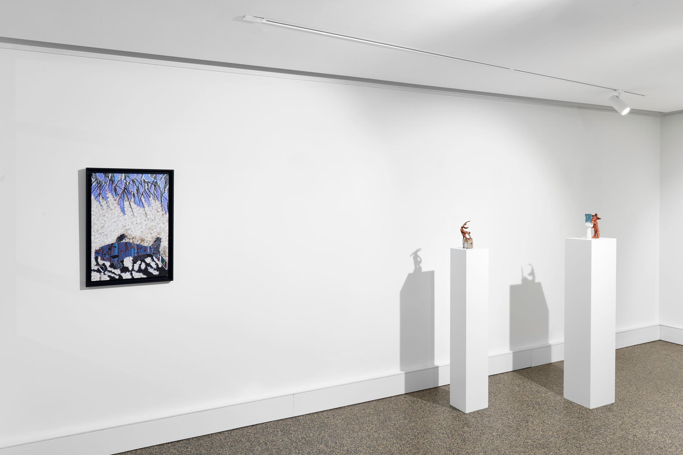 Exhibition View Groupshow «Supper Club; view on Omar Ba, Sans titre, 2014; Cassidy Toner, Wile E. Coyote desperately tries to open the vault to his inner happiness, 2019 and Cassidy Toner, Wile E. Coyote contemplates his existence, 2018» at Wilde, Basel, 2020 / Photo: Philipp Hänger / Courtesy: the artists and Wilde