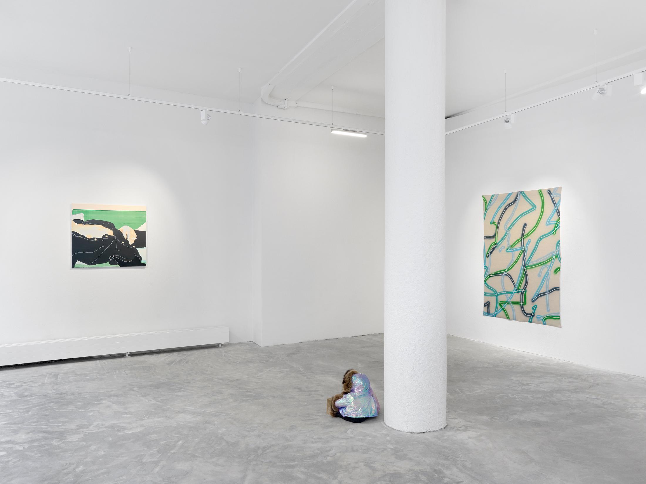 Exhibition View Groupshow «Swiss Made, Chapter II; view on David Weishaar, Rest on Green, 2019, Denis Savary, Öyvind, 2015, Christelle Kahla, Dermaplast, 2018» at Ribordy Thetaz, Geneva, 2020 / Photo: Annik Wetter / Courtesy: the artists and Ribordy Thetaz