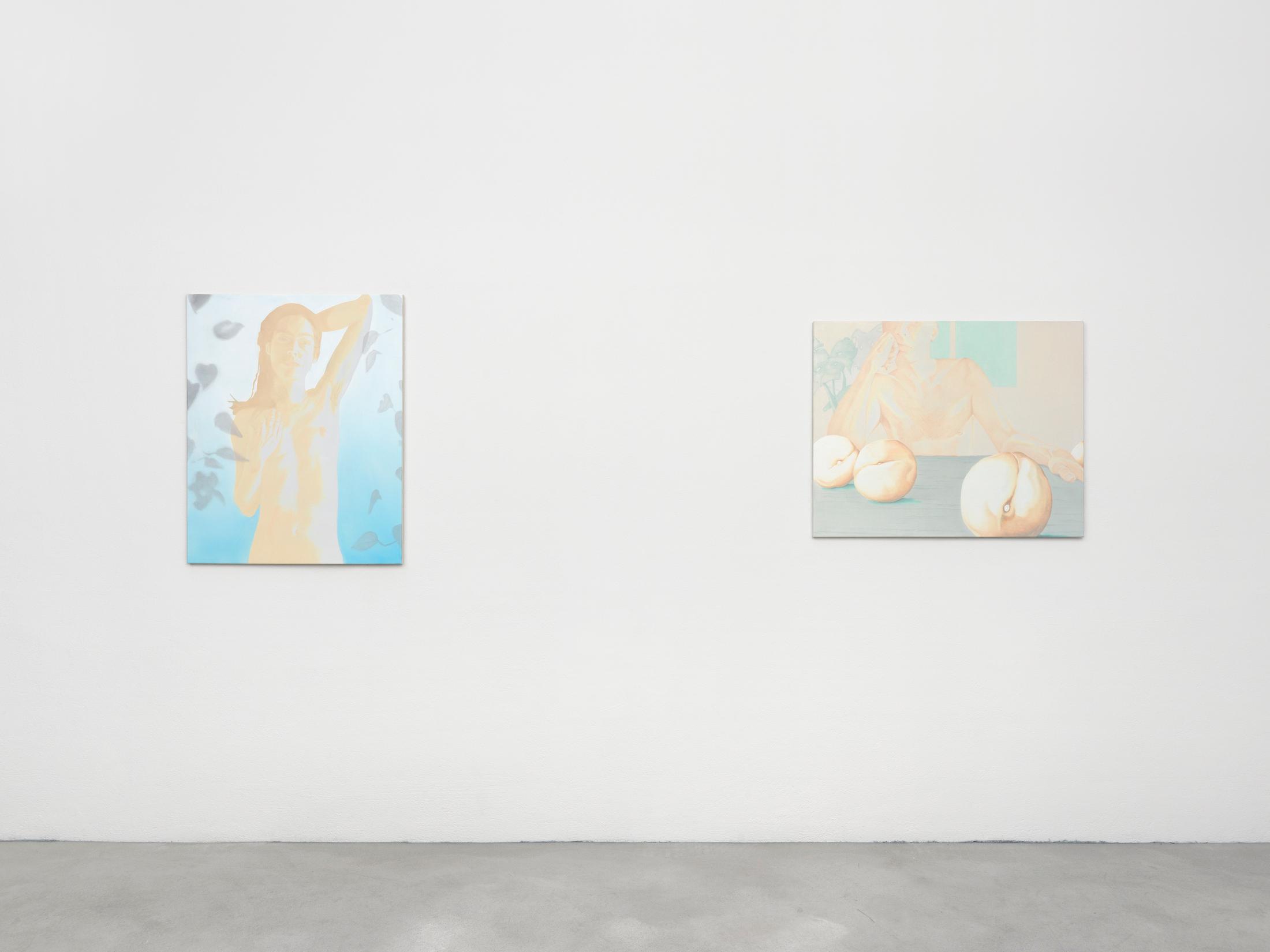 Exhibition View Groupshow «Swiss Made, Chapter II; view on David Weishaar, Sebastian Dreaming, 2020 and Peach Breakfast, 2019» at Ribordy Thetaz, Geneva, 2020 / Photo: Annik Wetter / Courtesy: the artists and Ribordy Thetaz