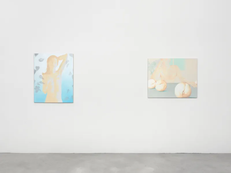 Exhibition View Groupshow «Swiss Made, Chapter II; view on David Weishaar, Sebastian Dreaming, 2020 and Peach Breakfast, 2019» at Ribordy Thetaz, Geneva, 2020 / Photo: Annik Wetter / Courtesy: the artists and Ribordy Thetaz