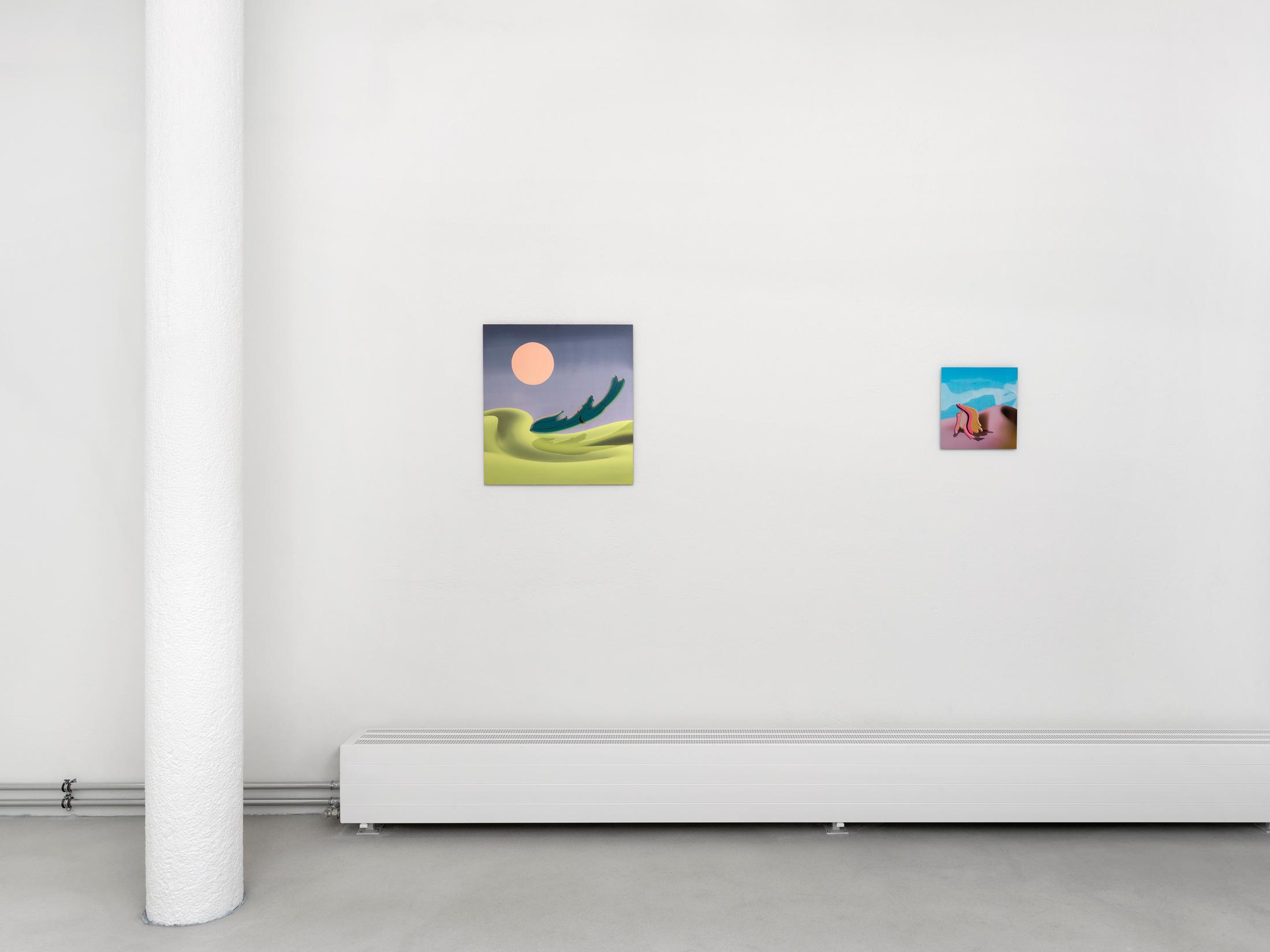 Exhibition View Groupshow «Swiss Made, Chapter II; view on Flora Mottini, Fuchur’s Flight, 2019 and Flora Mottini, Bumpy’s Slug, 2019» at Ribordy Thetaz, Geneva, 2020 / Photo: Annik Wetter / Courtesy: the artists and Ribordy Thetaz