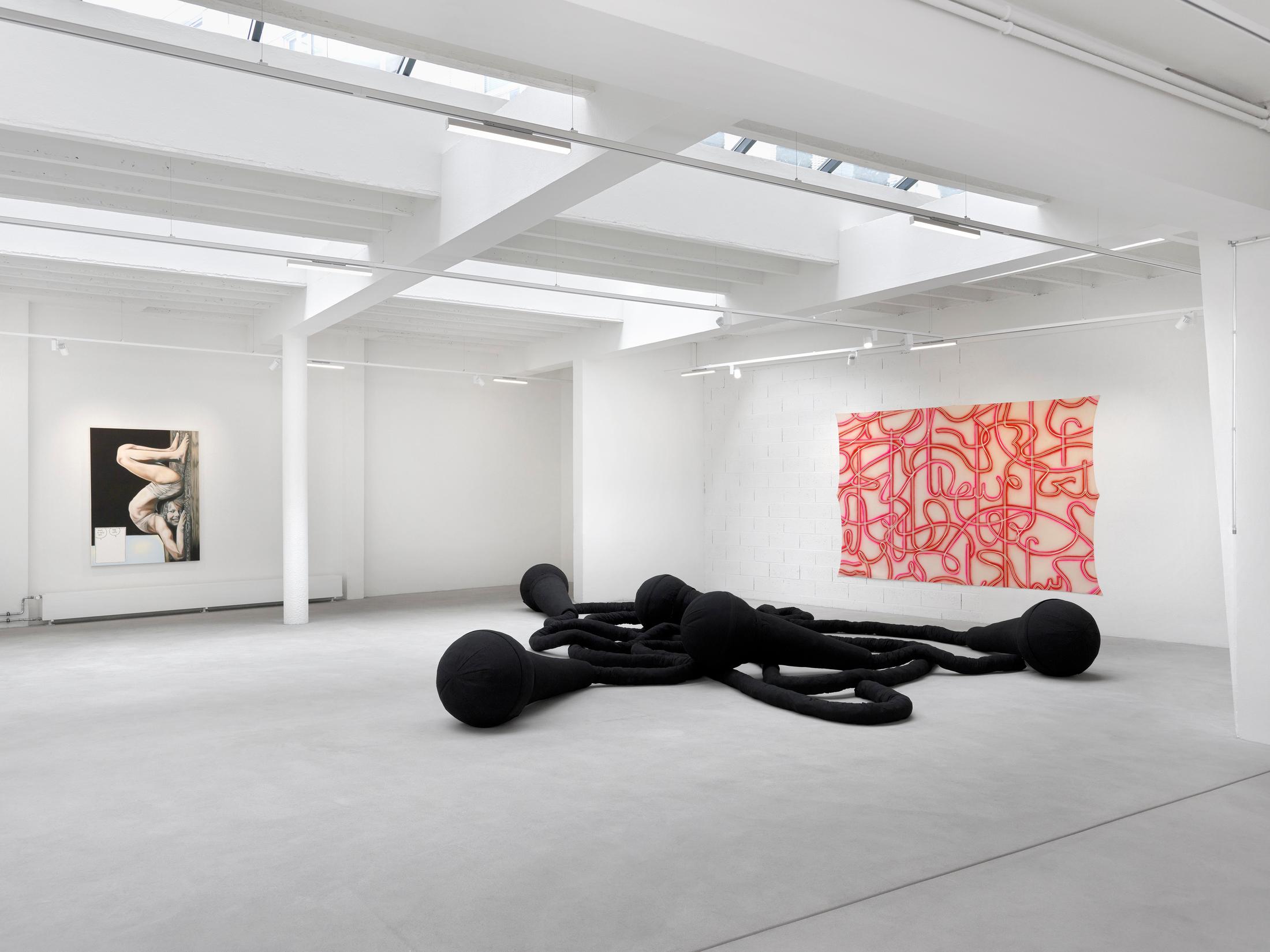 Exhibition View Groupshow «Swiss Made, Chapter II; view on Yoan Mudry, Schizophrenic Values, 2019, Yoan Mudry, Silent Organs, 2016 and Christelle Kahla, Bey, 2019» at Ribordy Thetaz, Geneva, 2020 / Photo: Annik Wetter / Courtesy: the artists and Ribordy Thetaz