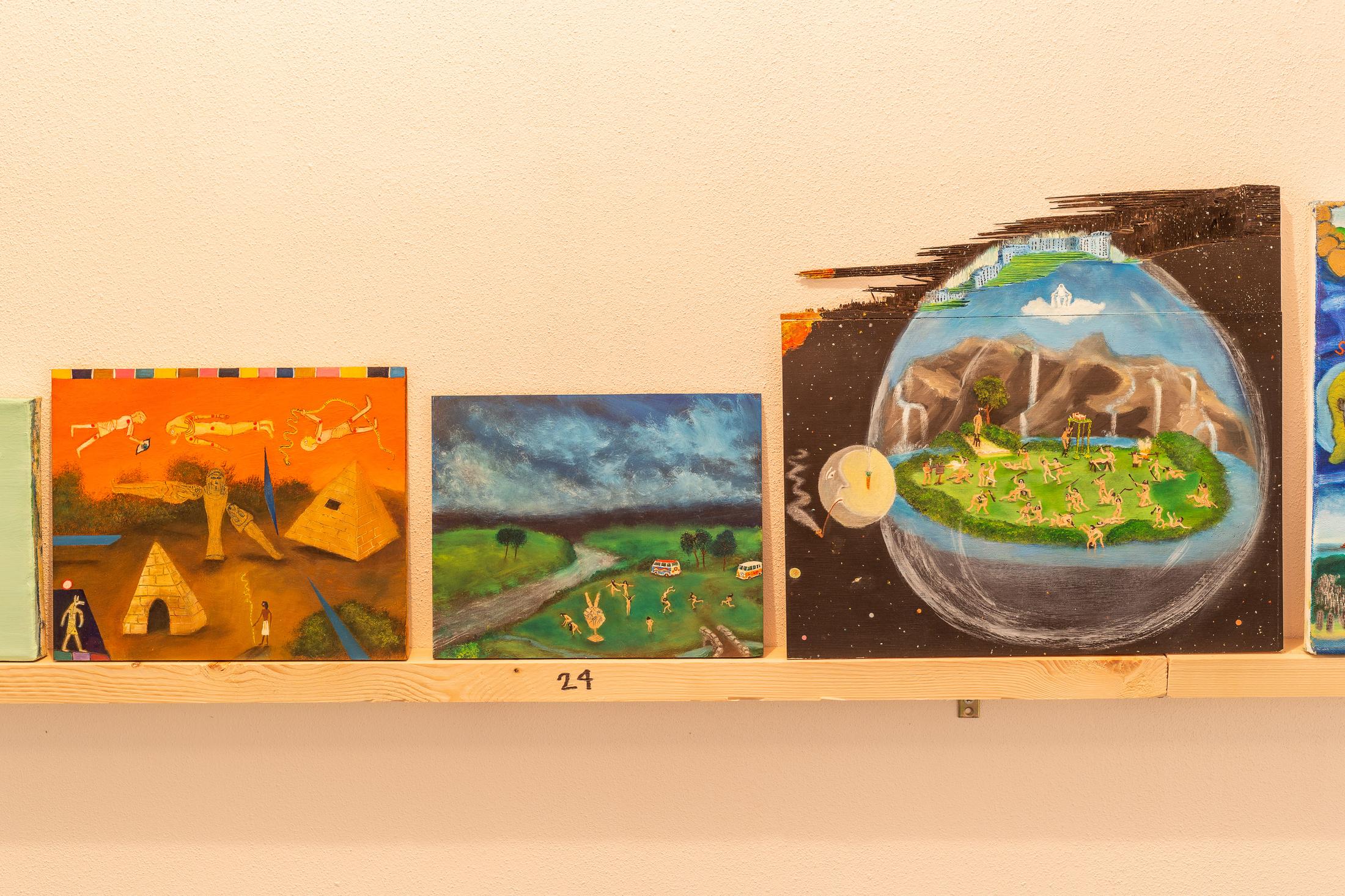 Exhibition View Groupshow «The Big Rip. Bounce, Chill or Crunch?; view on Jessica Diamond, Is That All There Is?, 1984/2019; Gina Proenza, a a e o (1) (2) (3), 2018; Gina Proenza, o a o, 2018» at Last Tango, Zurich, 2019 / Photo: Kilian Bannwart / Courtesy: the artist and Last Tango, Zurich