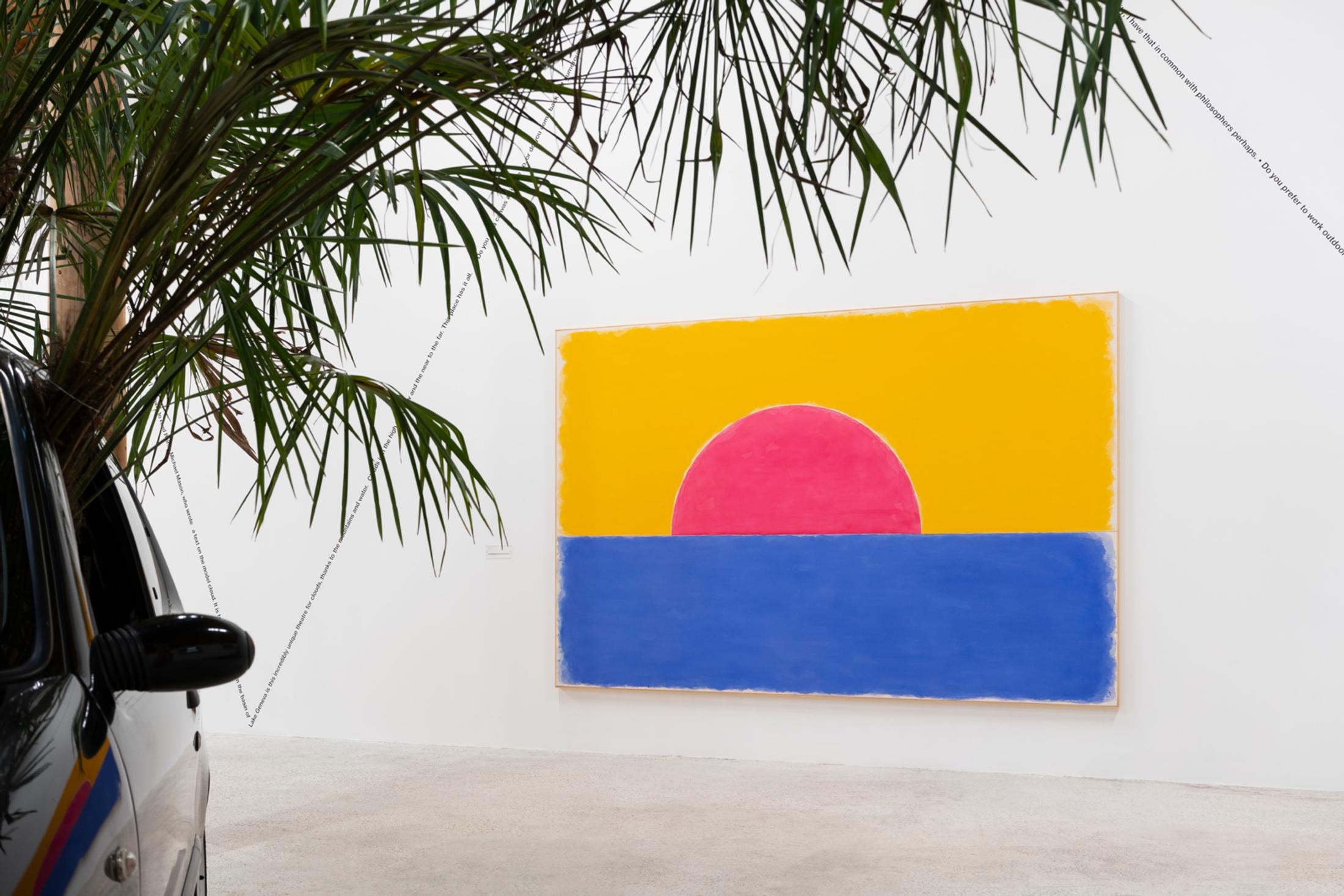 Exhibition View Group Show «This Morning, in the Sweet Torpor of the Great Forest, is Like Every Morning in the World; view on Ugo Rondinone, vierterdezemberzweitausendundneunzehn, 2019, Watercolour on canvas, artist’s frame, plexiglass plaque with caption, 202 x 302 cm» at Country SALTS, Bennwil, 2020 / Photo: Gunnar Meier / Courtesy: the artist and Galerie Eva Presenhuber, Zurich / New York