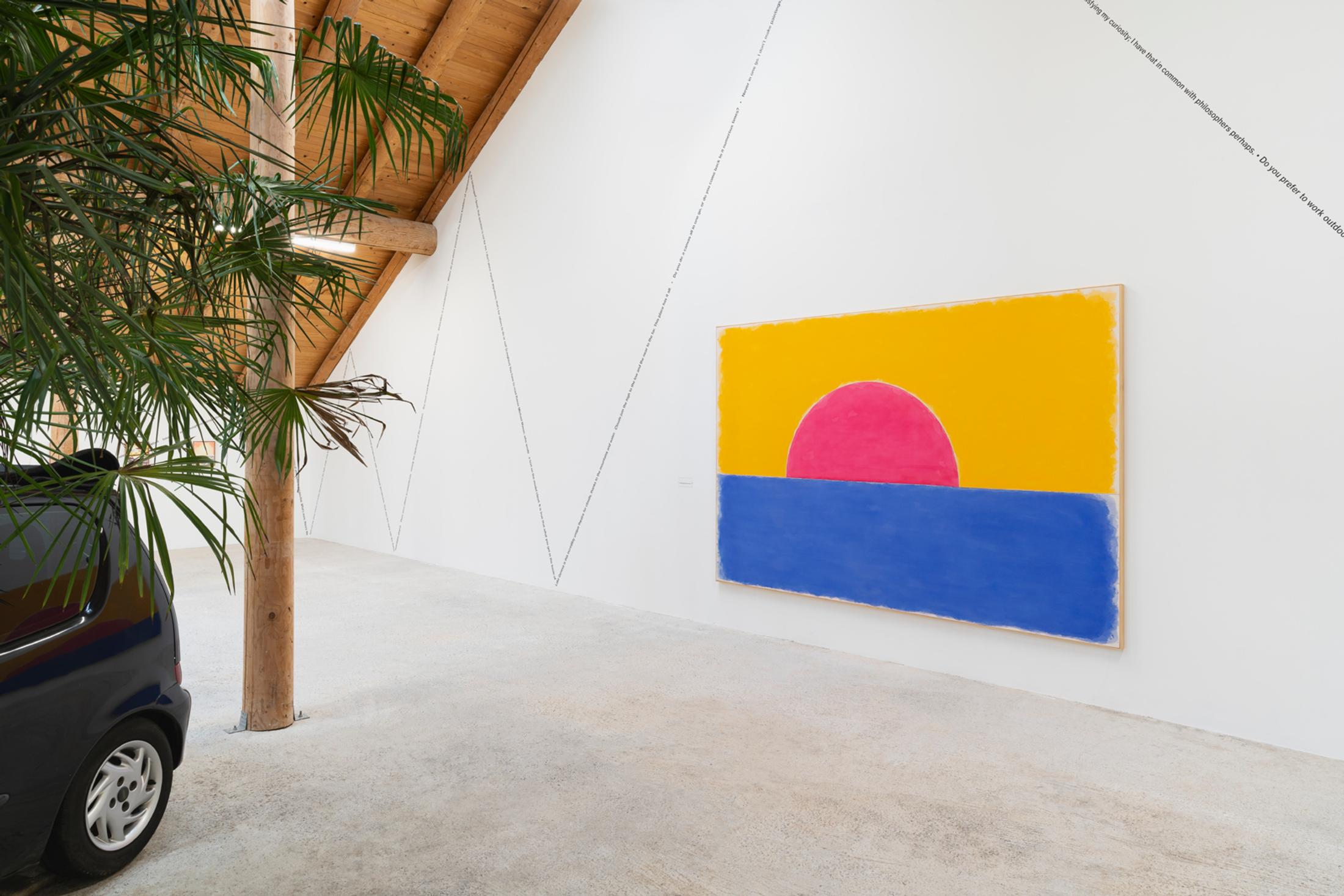 Exhibition View Group Show «This Morning, in the Sweet Torpor of the Great Forest, is Like Every Morning in the World; view on Ugo Rondinone, vierterdezemberzweitausendundneunzehn, 2019, Watercolour on canvas, artist’s frame, plexiglass plaque with caption, 202 x 302 cm» at Country SALTS, Bennwil, 2020 / Photo: Gunnar Meier / Courtesy: the artist and Galerie Eva Presenhuber, Zurich / New York